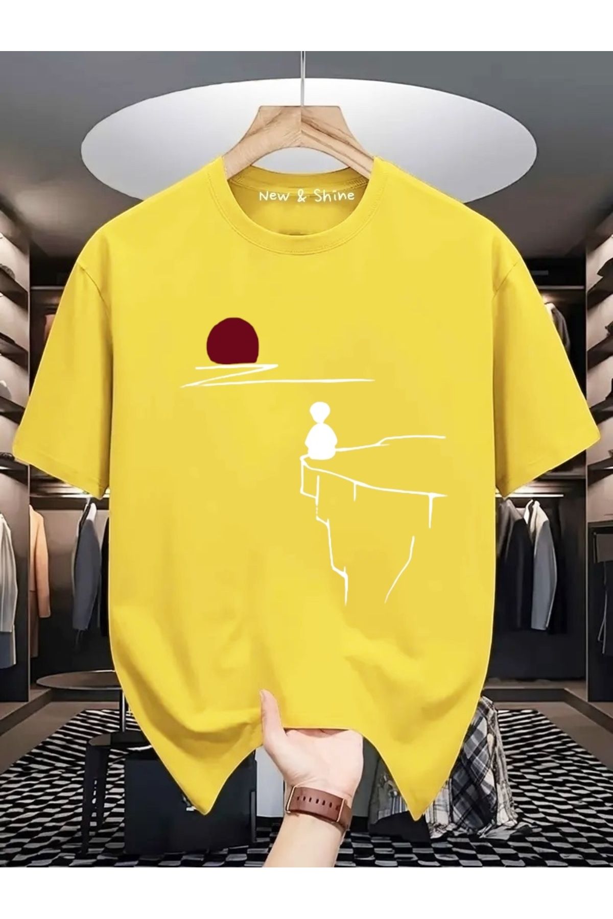 New Shine Manzara Çizgisel Baskılı Oversize T-Shirt