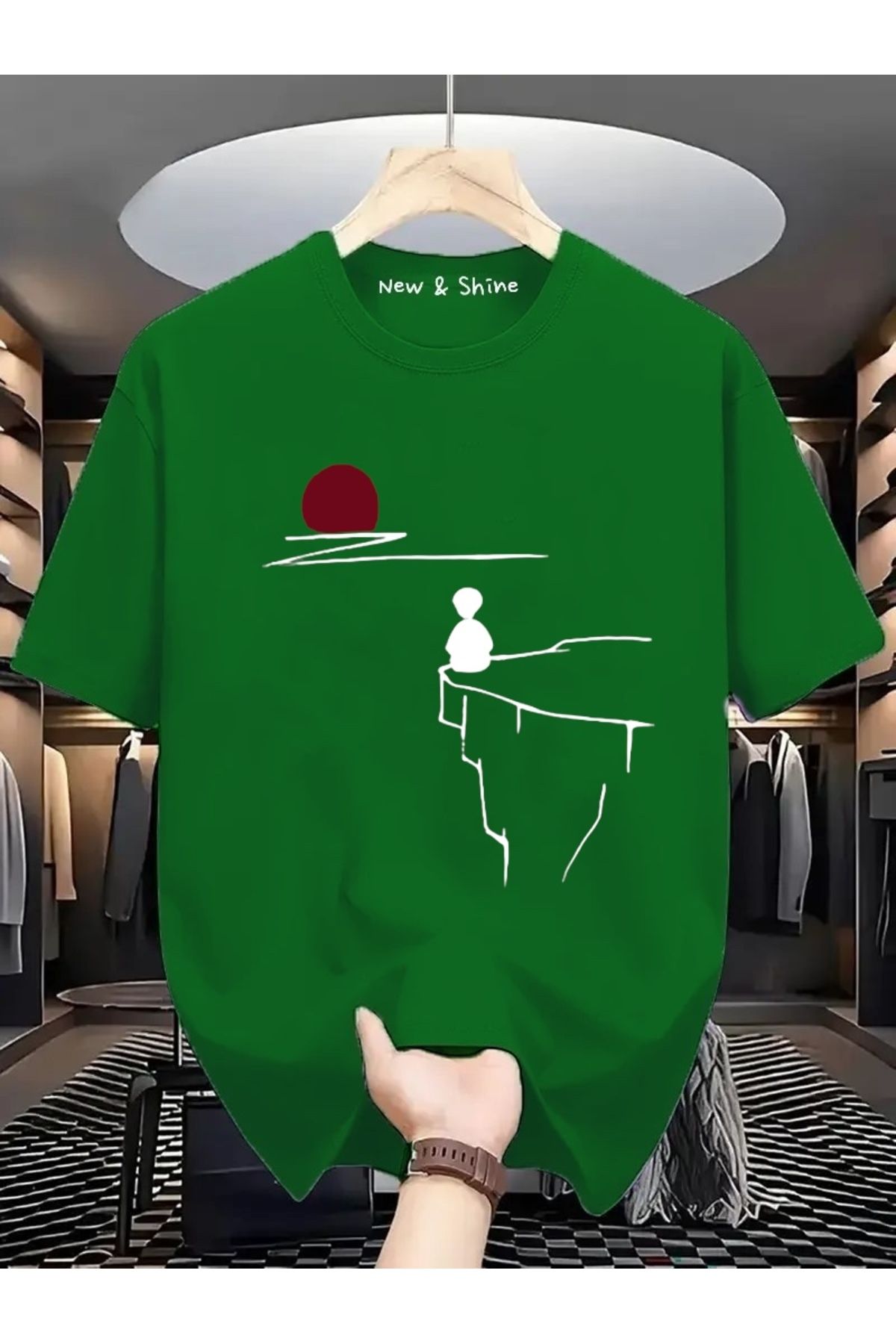 New Shine Manzara Çizgisel Baskılı Oversize T-Shirt
