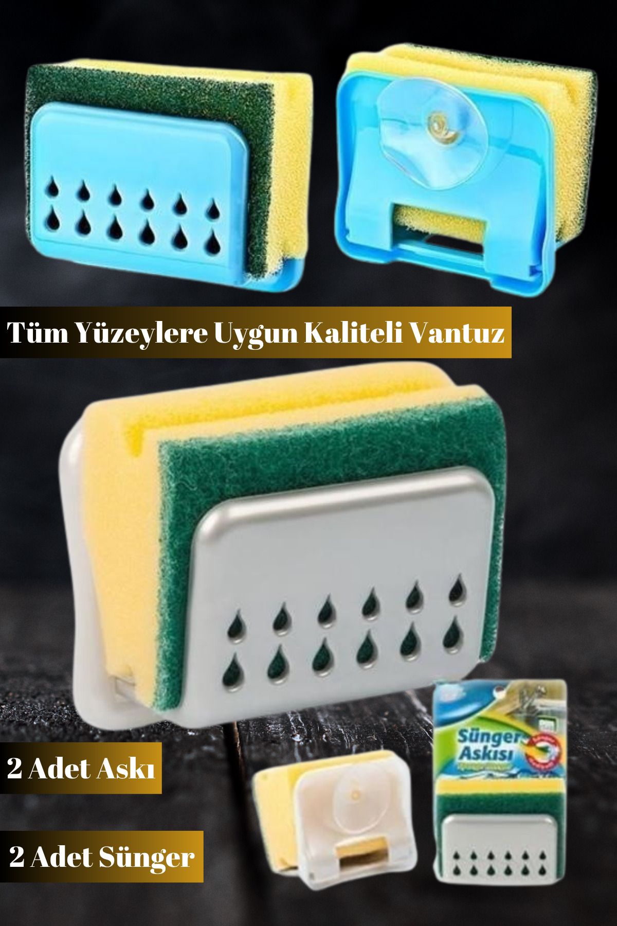 Hane Dostu 2 Adet Tüm Yüzeylere Uygun Kendinden Güçlü Vantuzlu Bulaşık Süngeri Askısı