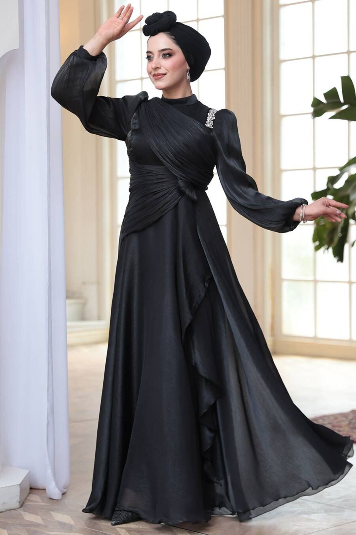 N.S NEVA STYLE Drape Detaylı Siyah Tesettür Abiye Elbise 51641S