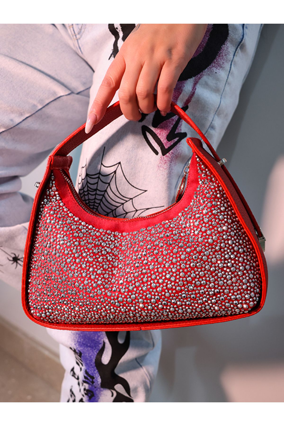 EVASAMLİSHOESBAG Taşlı Kırmızı El Ve Omuz Çantası