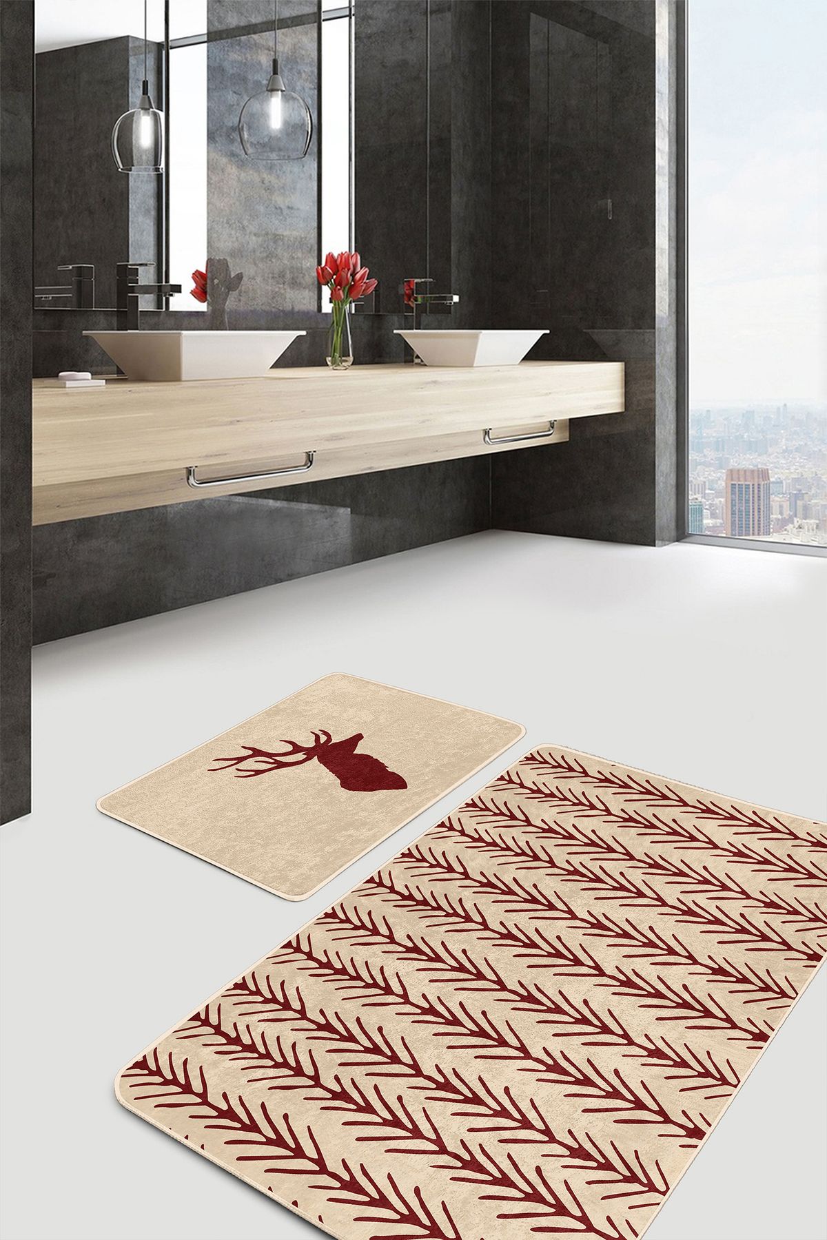 Realhomes Krem Zeminli Geyik Motifli 2'li Mutfak Paspas Seti & Banyo Paspas Takımı