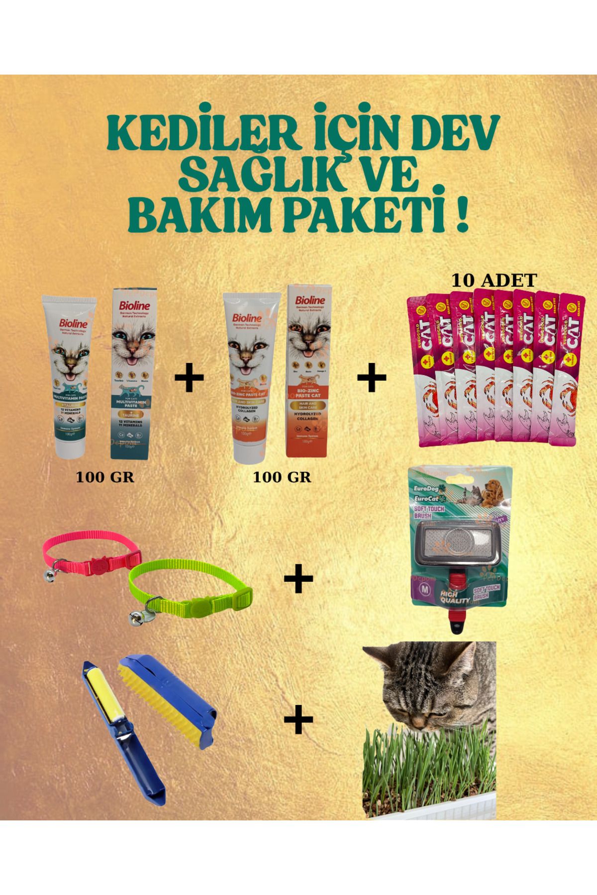 Minnosh&Kokosh Kedi Sağlık ve Bakım Paketi | Vitamin, Omega 3 içeren Ödül Maması, Tüy Tarağı, Kedi Otu, Tasma