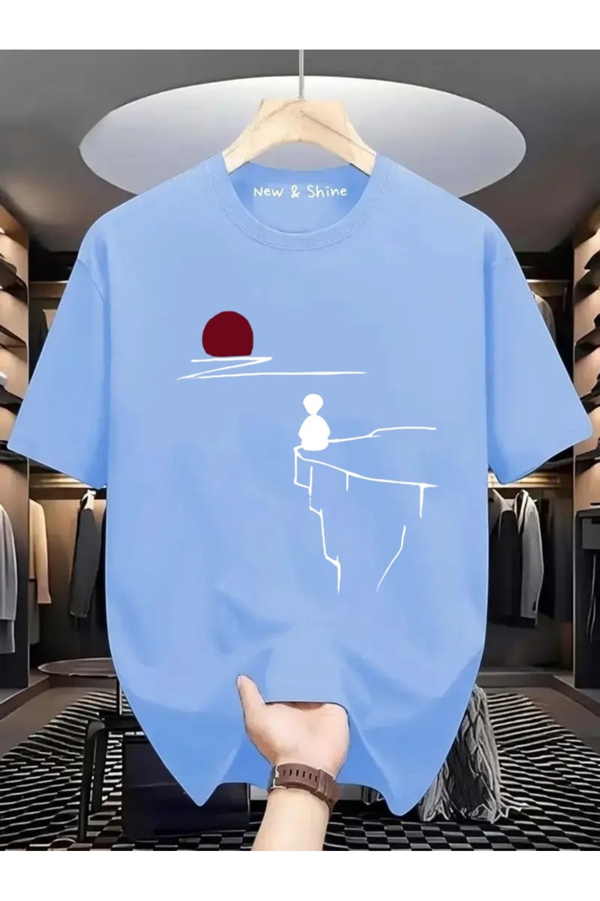 New Shine Manzara Çizgisel Baskılı Oversize T-Shirt