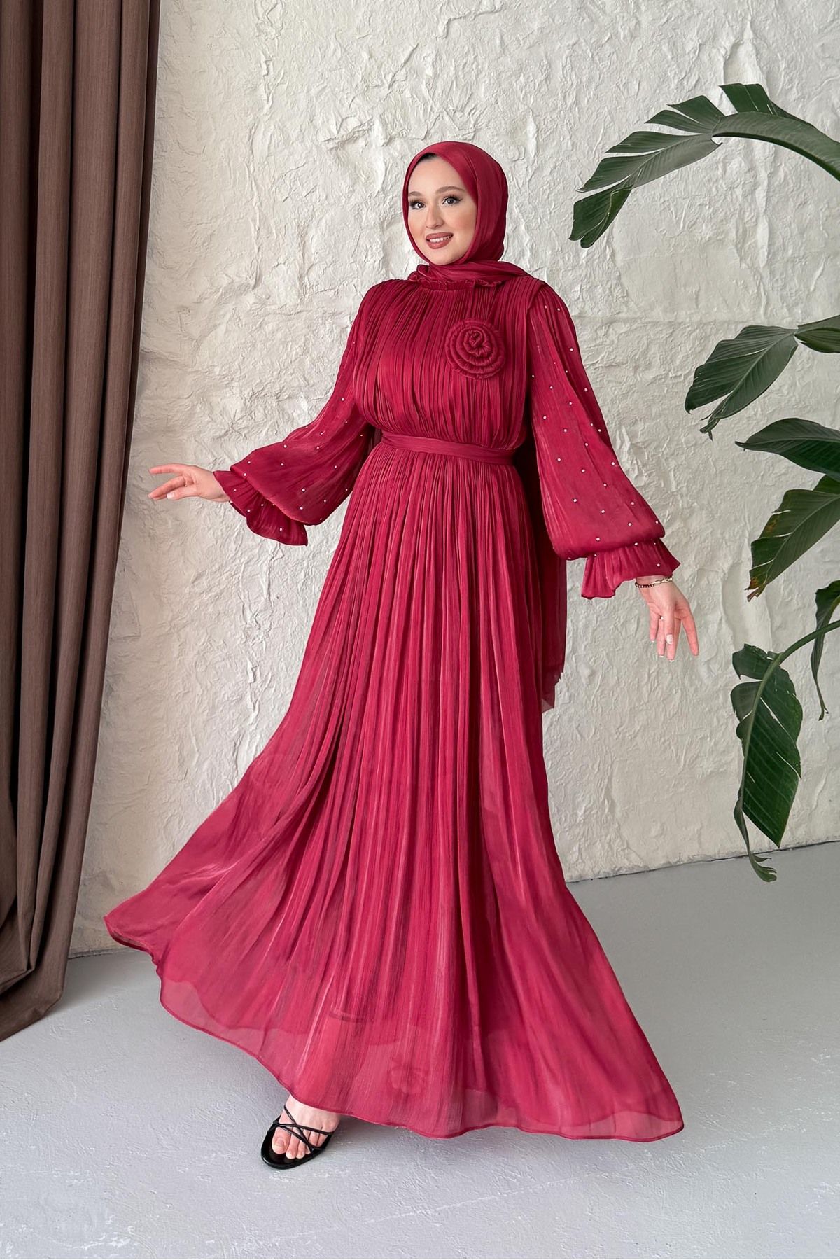 Rimel Moda Maria İpek Taşlı Elbise Bordo