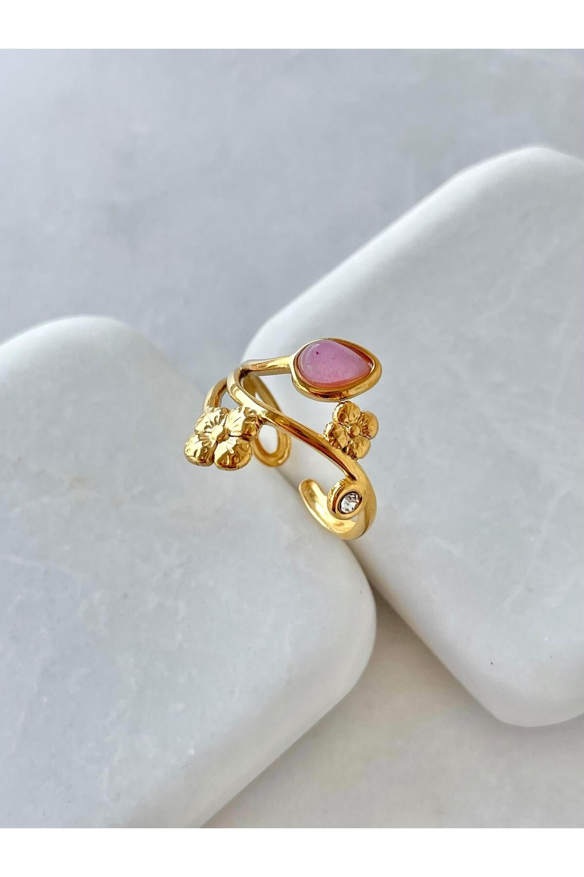 Seda Bijuteri Çelik Doğal Taşlı Sarmaşık Yüzük Pembe