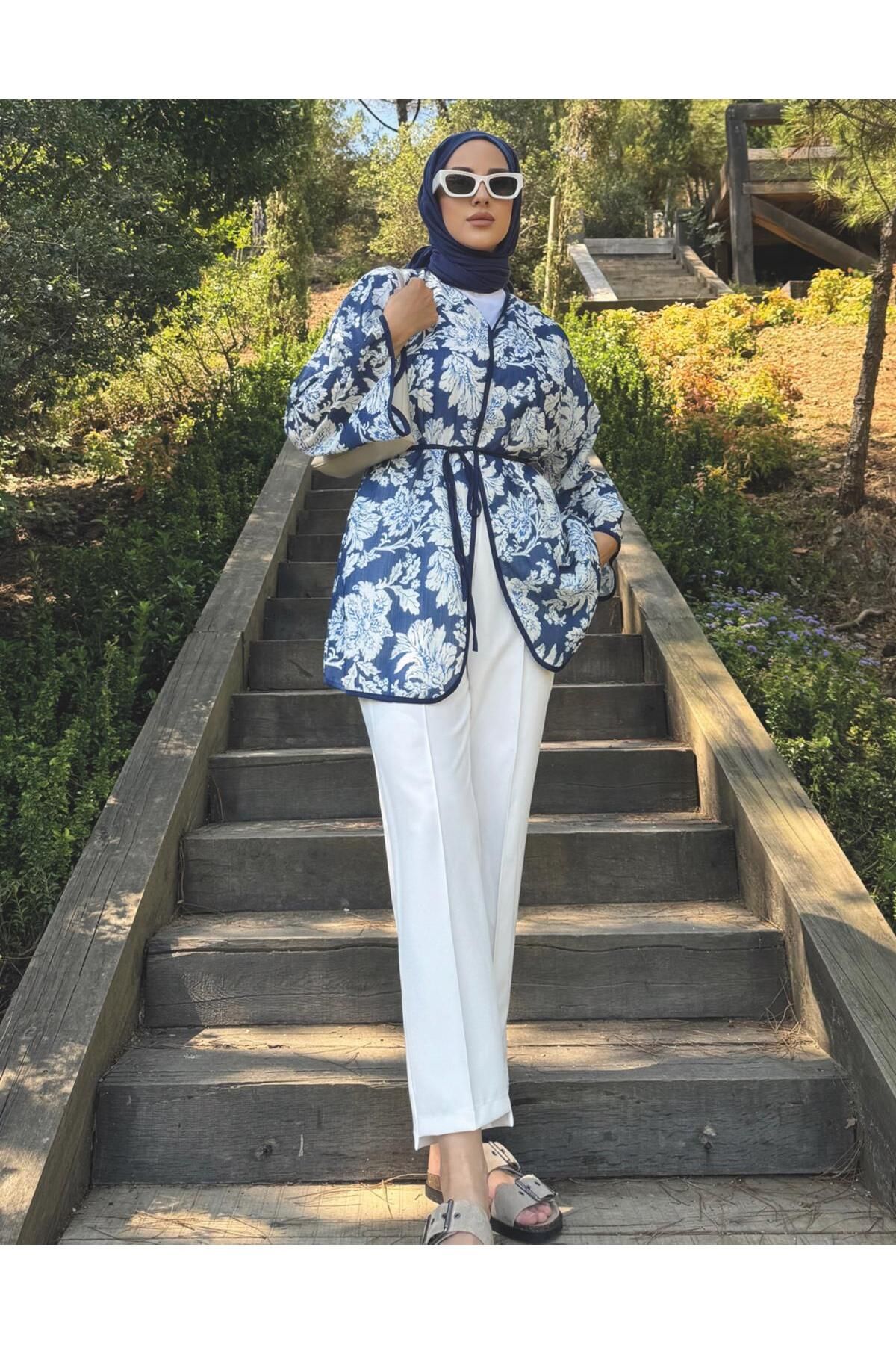 Line By Touches Desenli Lacivert Keten Kimono Belden Bağlama Detaylı