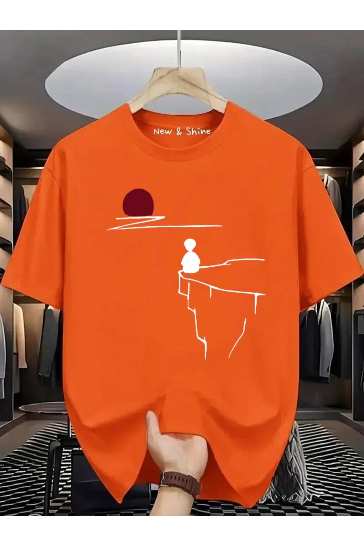 New Shine Manzara Çizgisel Baskılı Oversize T-Shirt