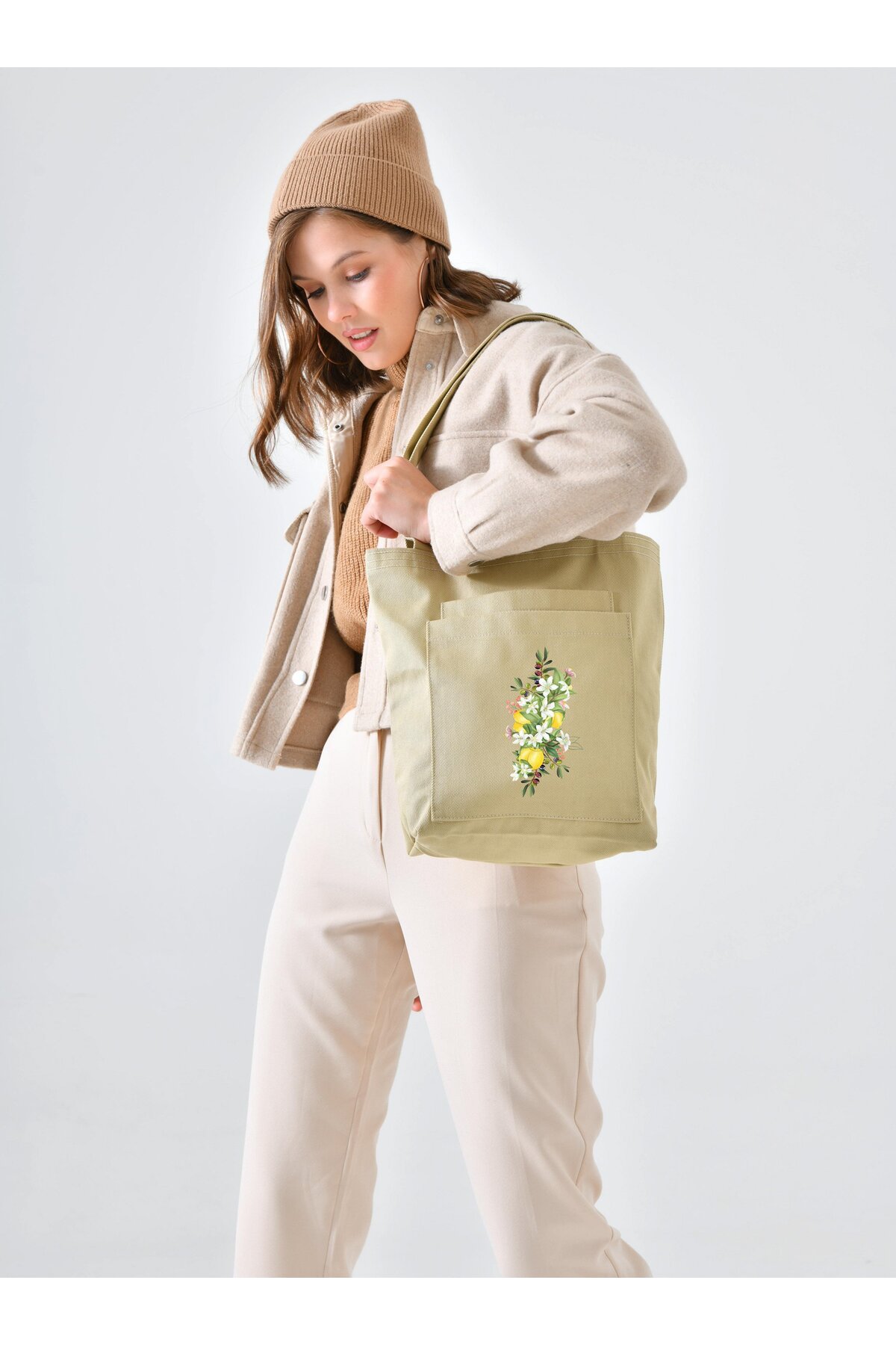 Çınar Bez Çanta  2 cepli limon çiçekleri baskılı bejgabardin çanta - Krem - Çınar Bez Çanta - Görsel 3