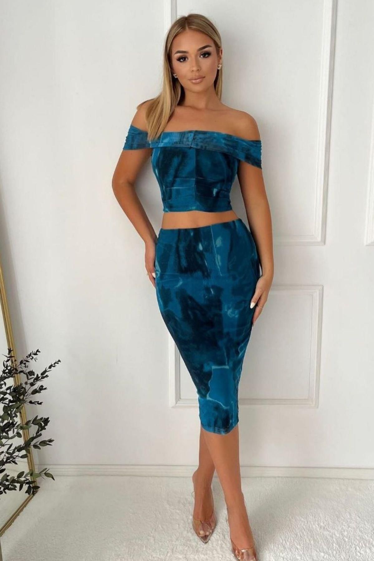 Mossta Desenli Tül Crop Bluz Ve Midi Etek Takım - Mavi