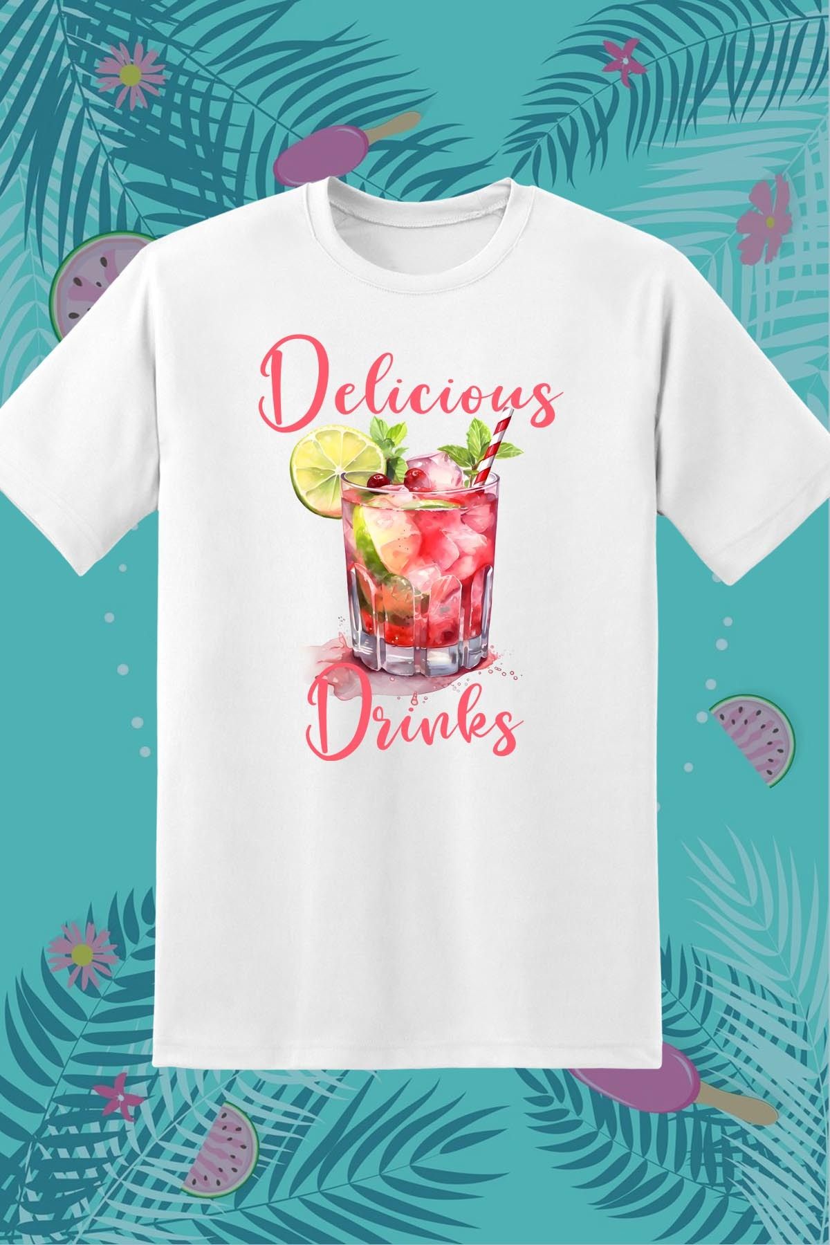 362BASKI Yaz Temalı Delicious Drinks Kokteyl Baskılı Tshirt