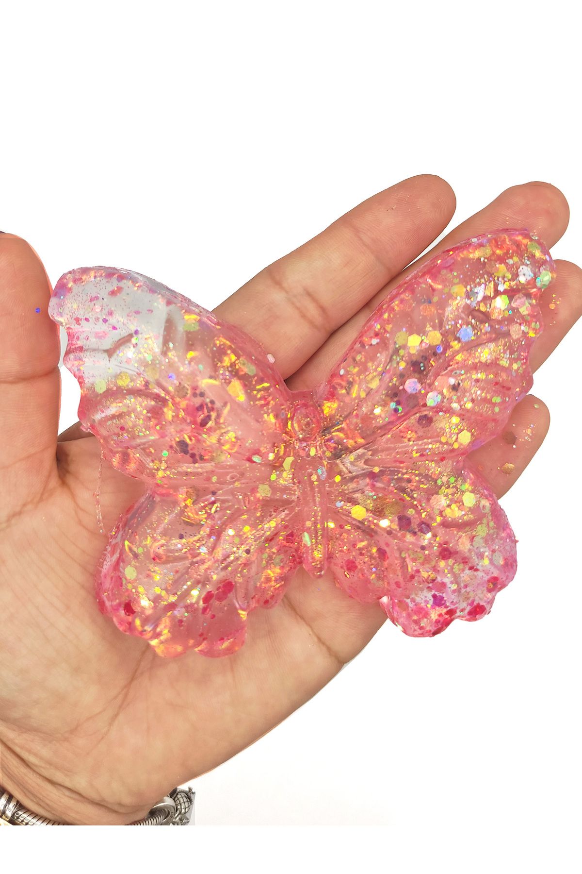 Limmy Kelebek Şeffaf Glitter Simli Moj Moj Taba Squishy Sıkma 10x8 cm Simli Sukuşi - Pembe