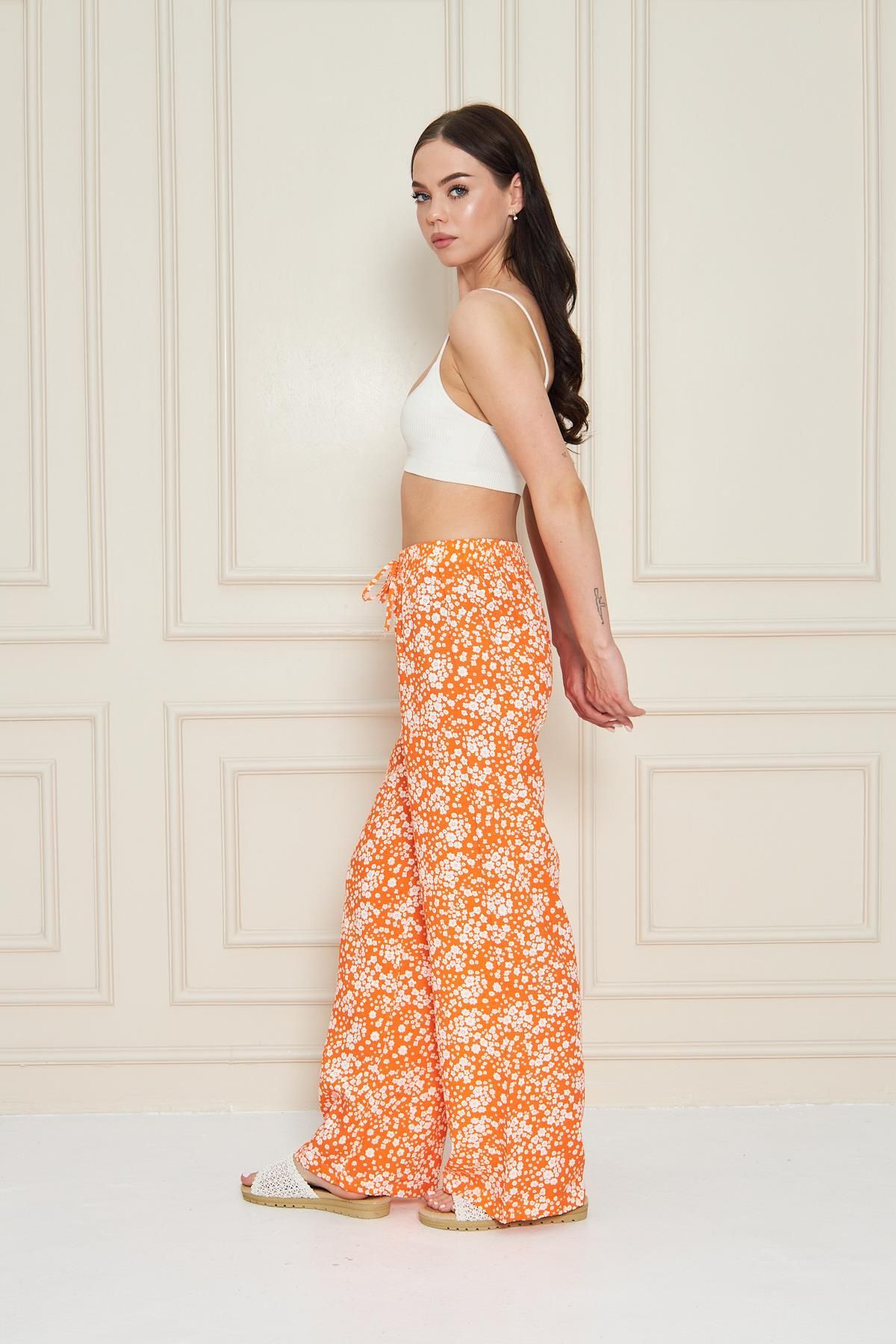 Kutaf-Orange Floral Patterned Summer Trousers with Elastic Waist 6