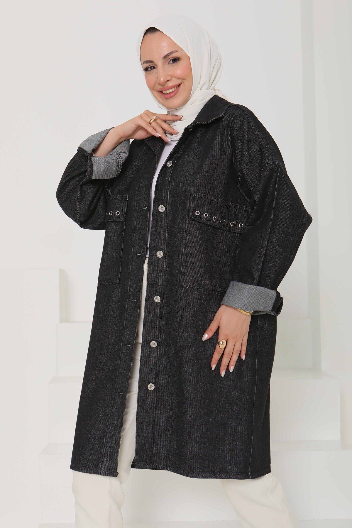 TOFİSA Kadın Oversize Kuş Gözü Cepli Kot Ceket Füme - 26579