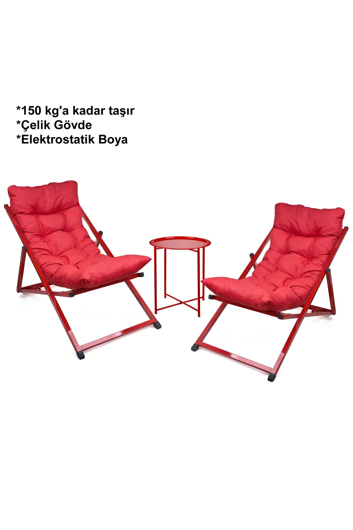 HUNDEMİR Minderli - Pimty Şezlong Seti Katlanır İkili Set - 2 Şezlong 1 Sehpa