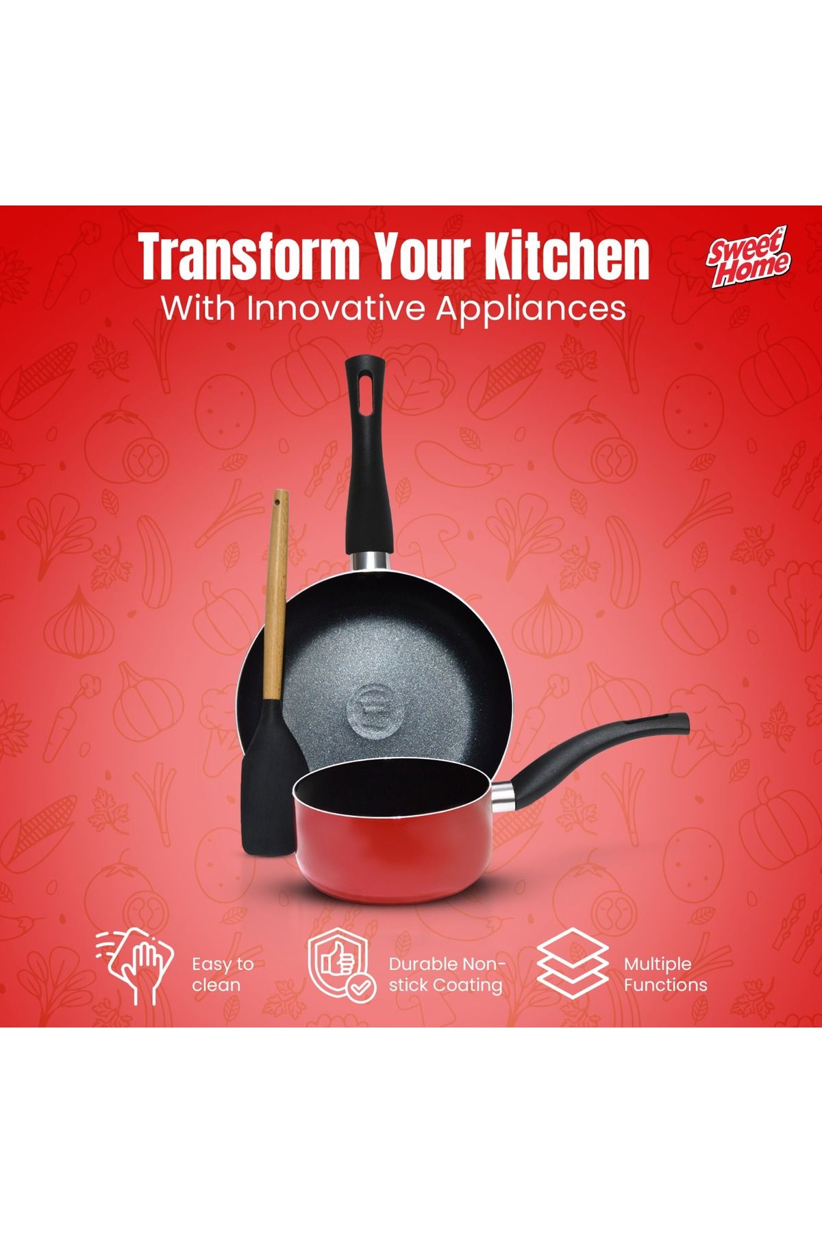 Sweet Home-Non-Stick 3 pcs Cookware Set with Frypan and Sauce Pan - Heat-Resistant Handle, Laddle Included 3