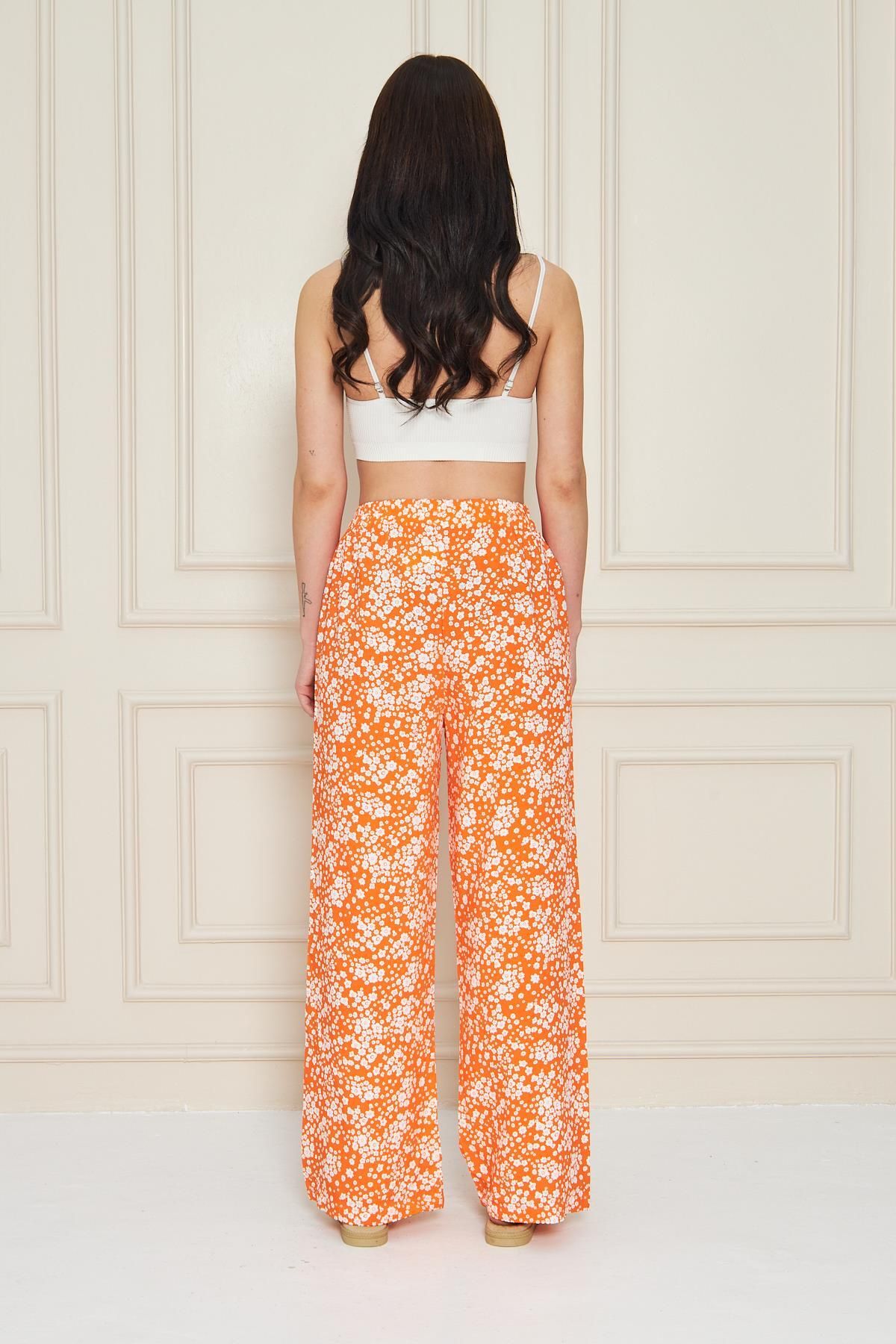 Kutaf-Orange Floral Patterned Summer Trousers with Elastic Waist 7