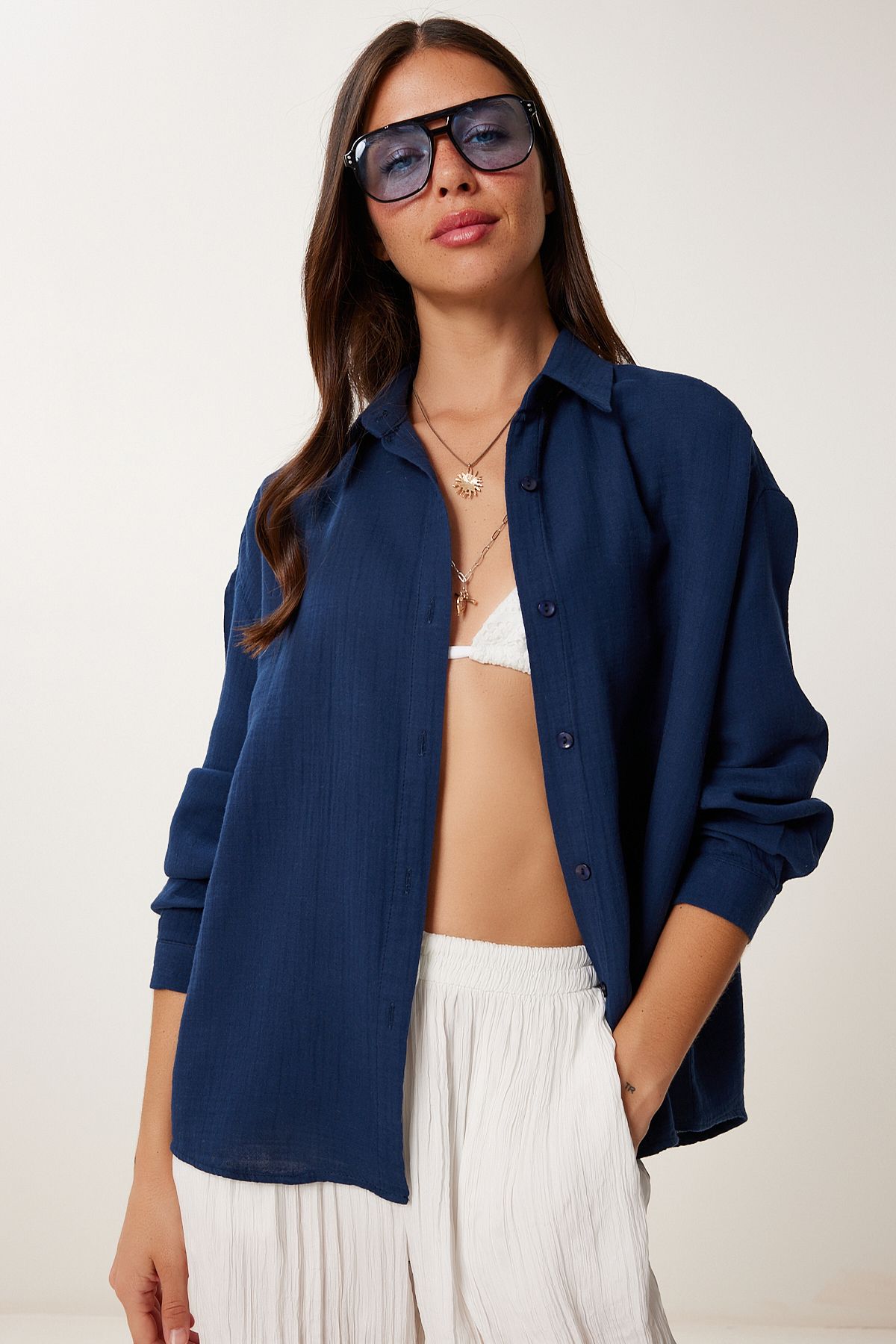 Lovelyİstanbul Oversize Müslin Gömlek LACİVERT LRG0027