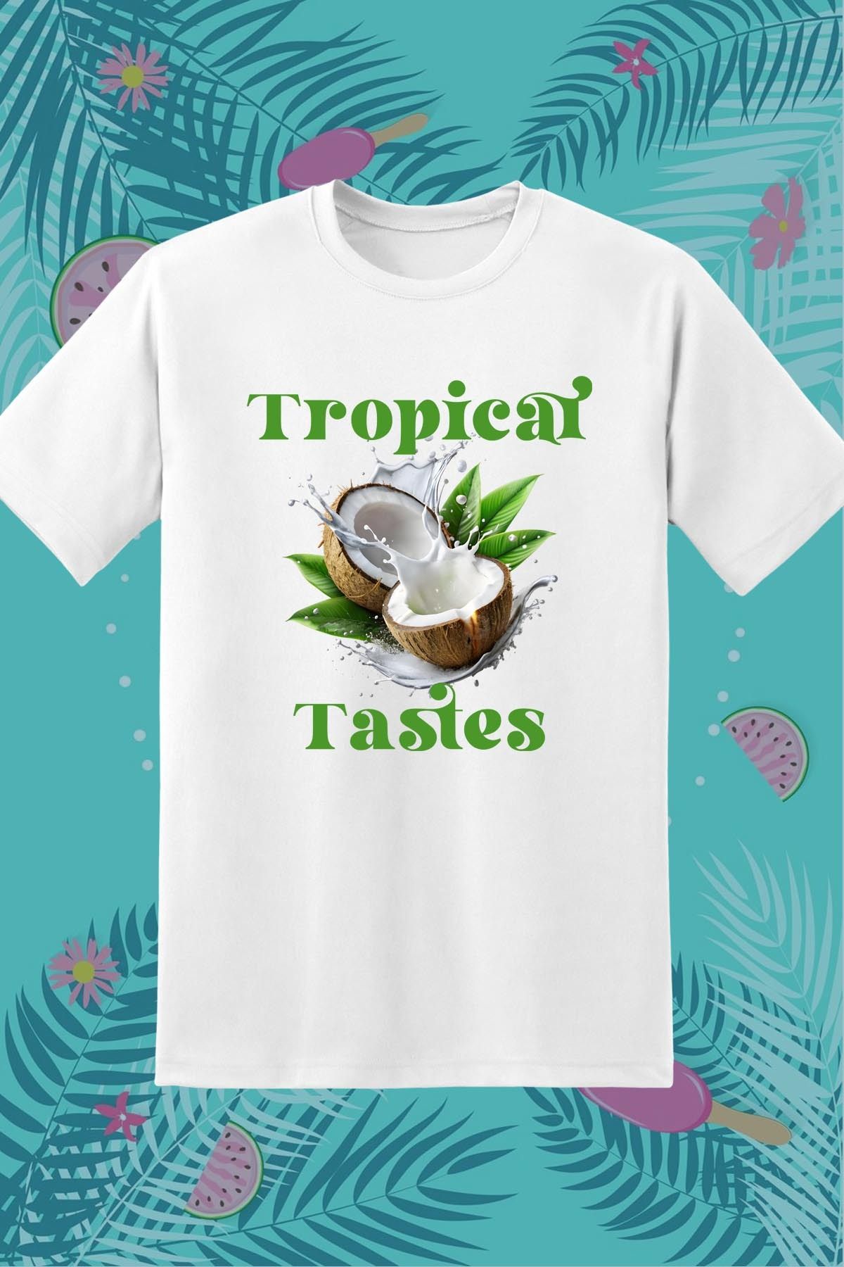 362BASKI Yaz Temalı Hindistan Cevizi Coconut Tropical Tastes Baskılı Tshirt