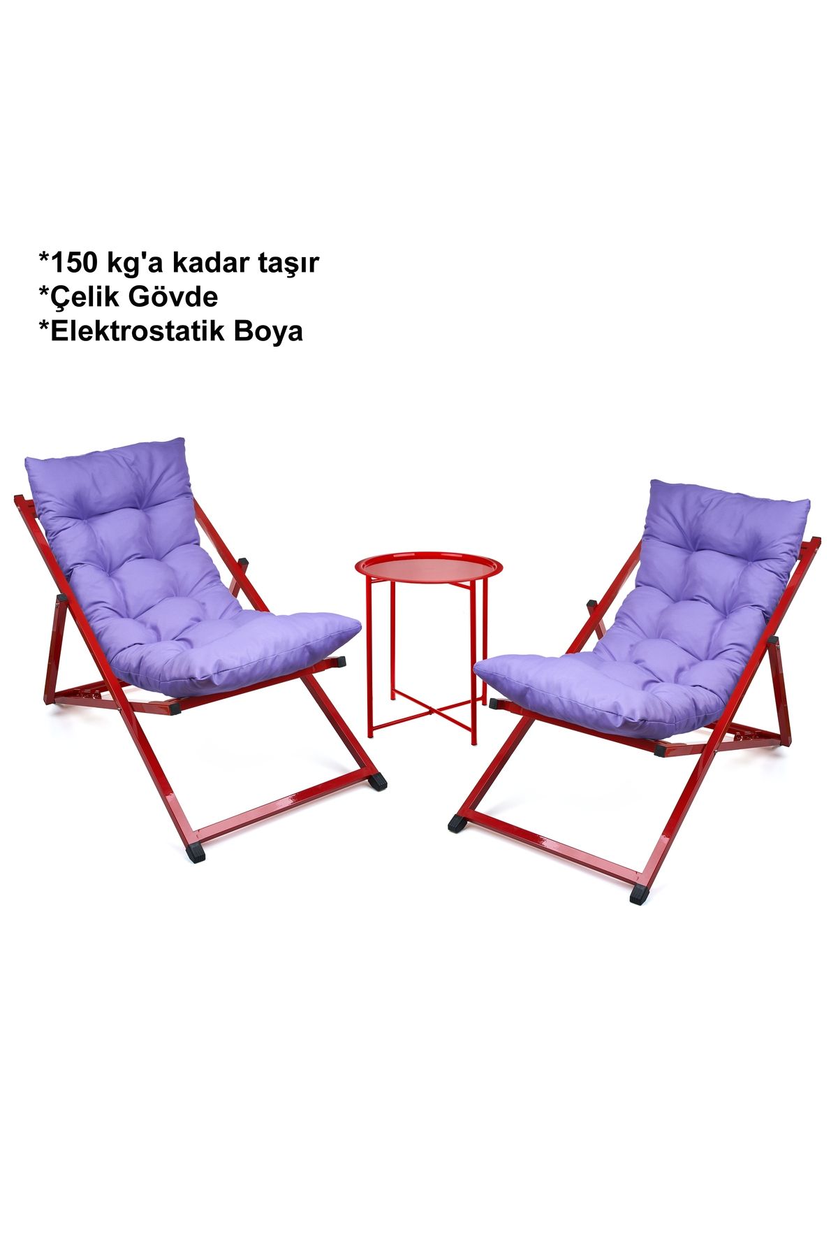 HUNDEMİR Minderli - Pimty Şezlong Seti Katlanır İkili Set - 2 Şezlong 1 Sehpa