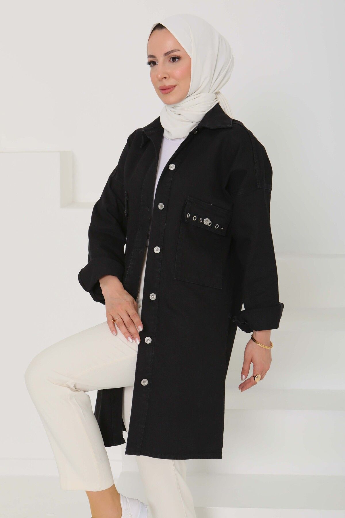 TOFİSA Kadın Oversize Kuş Gözü Cepli Kot Ceket Siyah - 26579