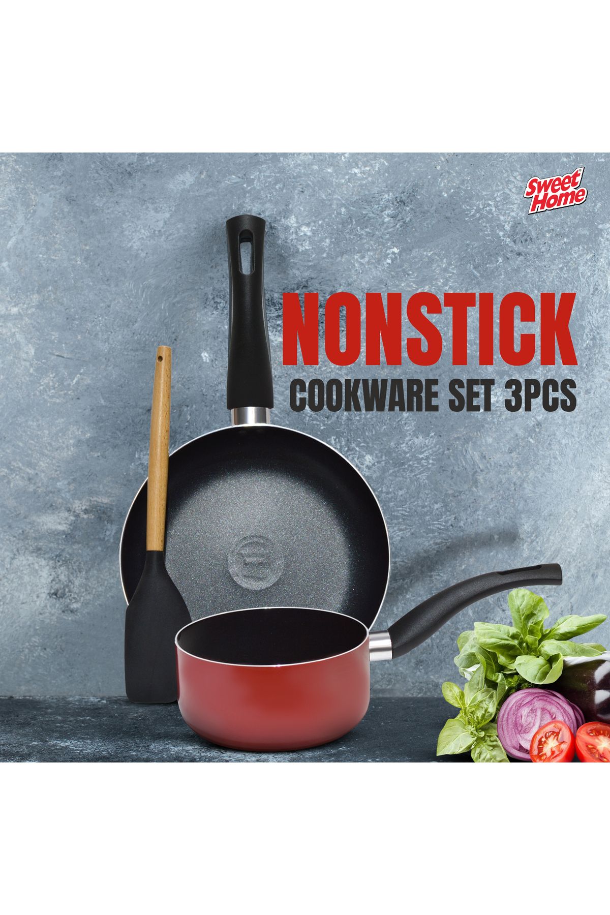 Sweet Home-Non-Stick 3 pcs Cookware Set with Frypan and Sauce Pan - Heat-Resistant Handle, Laddle Included 2