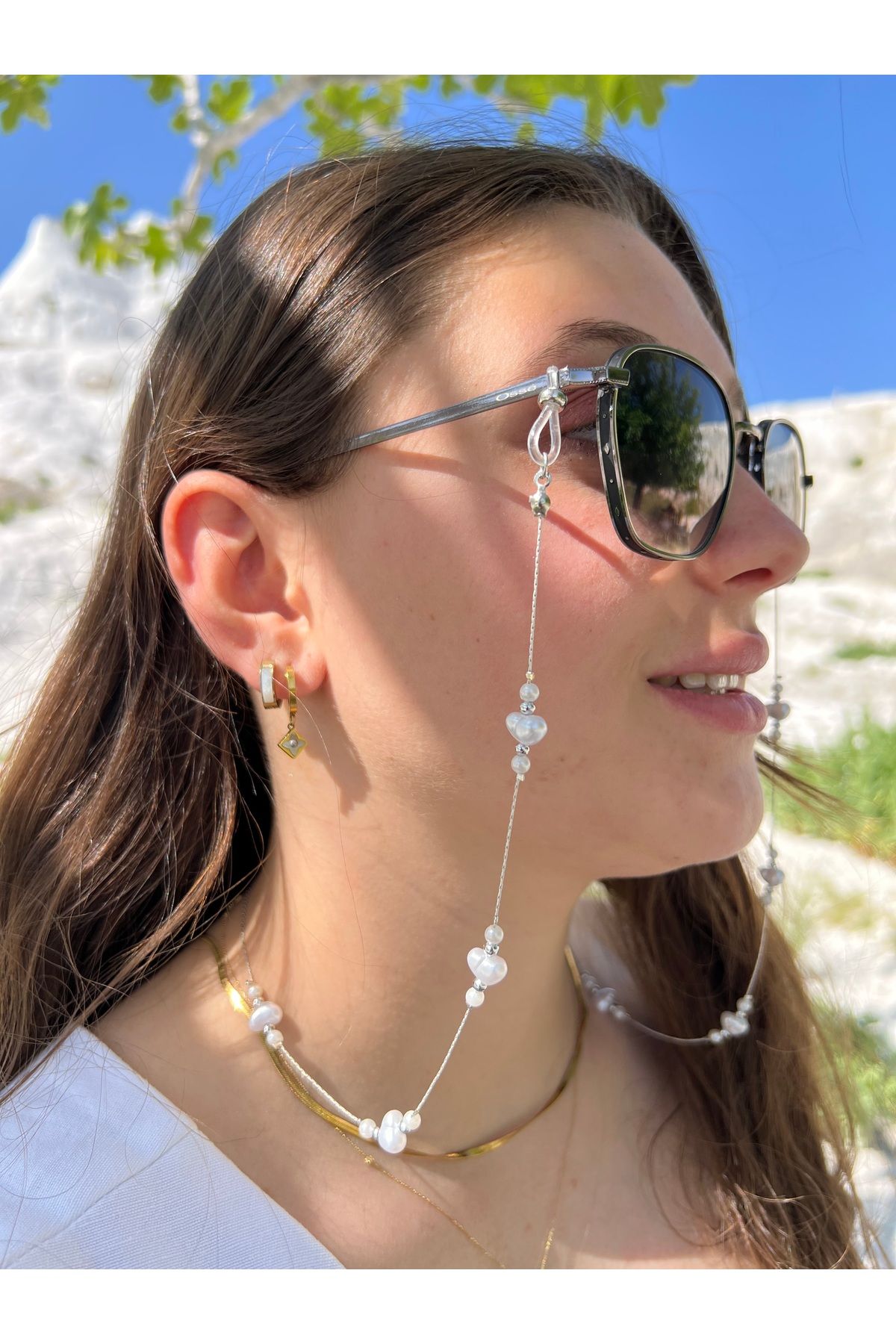 glasses accessory Gözlük zinciri gözlük askısı inci kalpli gümüş