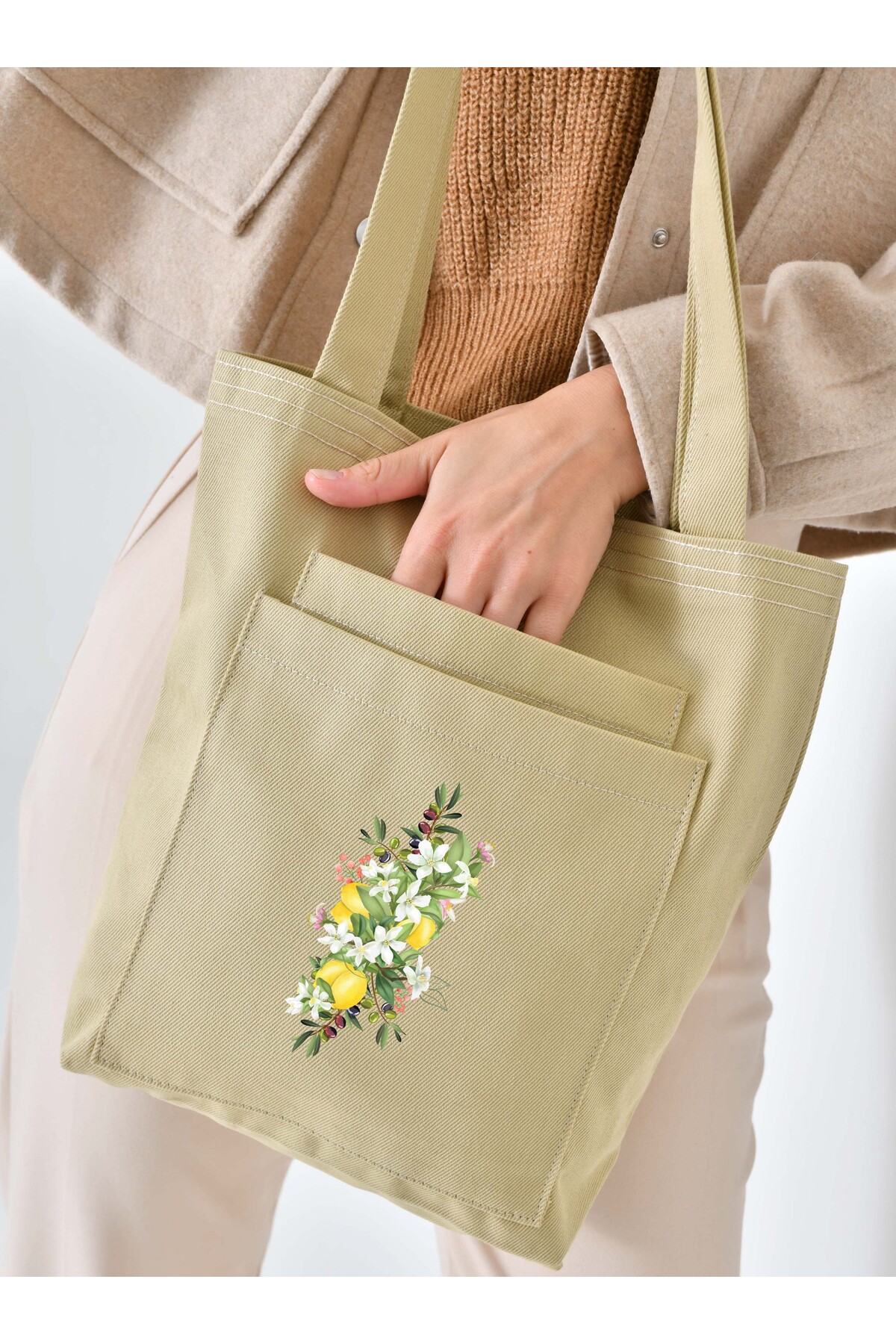 Çınar Bez Çanta  2 cepli limon çiçekleri baskılı bejgabardin çanta - Krem - Çınar Bez Çanta - Görsel 2