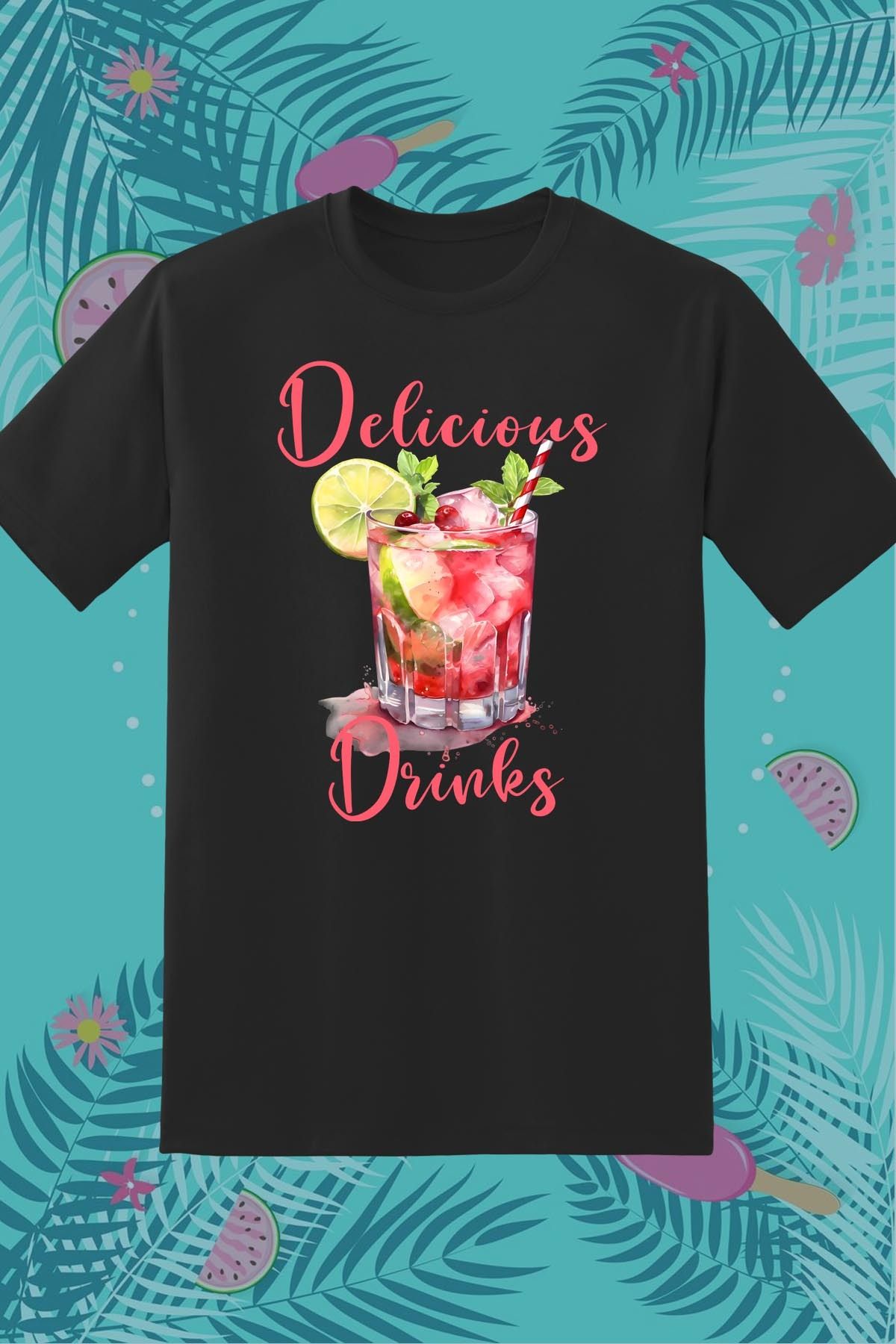 362BASKI Yaz Temalı Delicious Drinks Kokteyl Baskılı Tshirt
