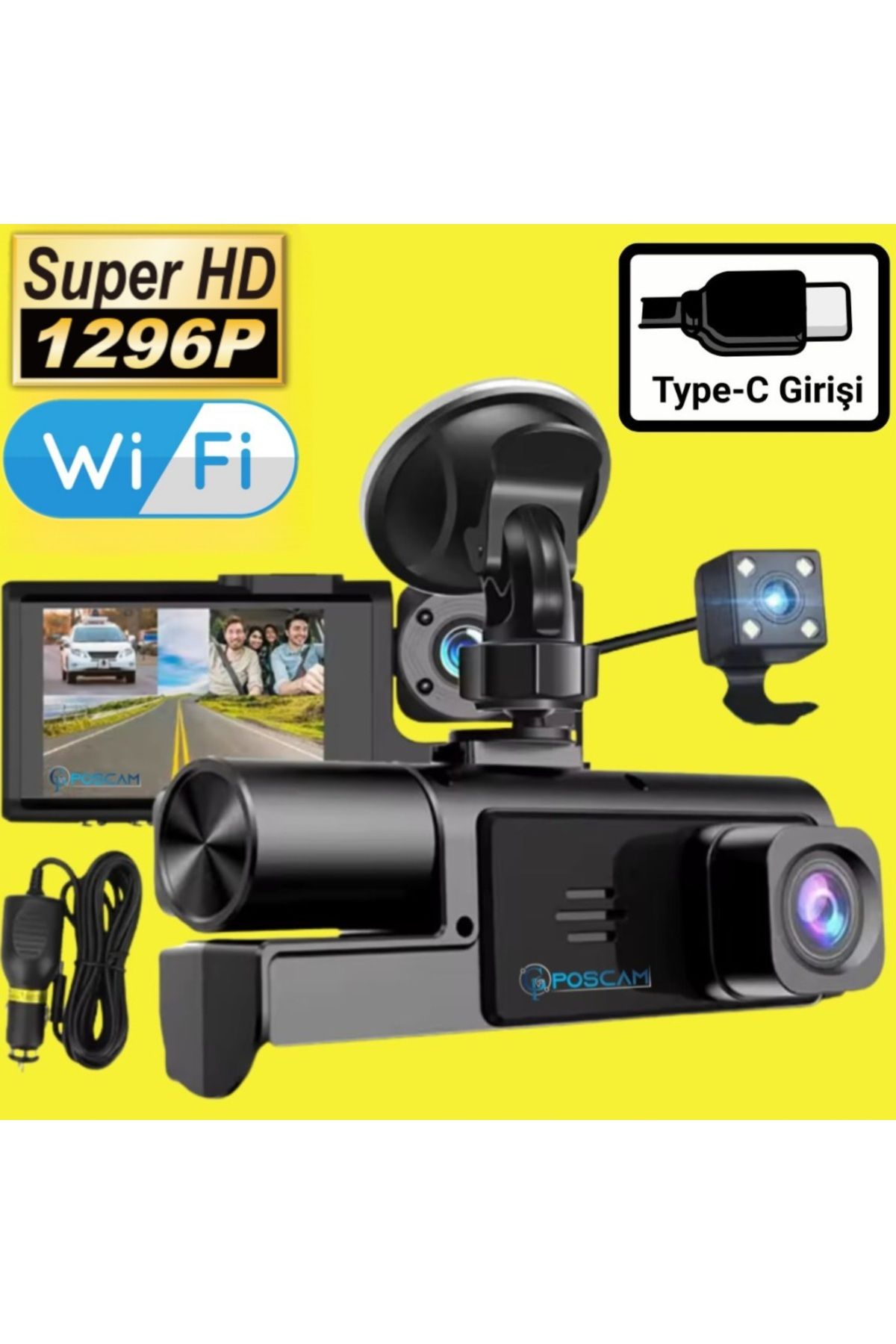 POSCAM SUPER HD ÜÇ KAMERALI GECE GÖRÜŞLÜ WİFİ ARAÇ KAMERASI