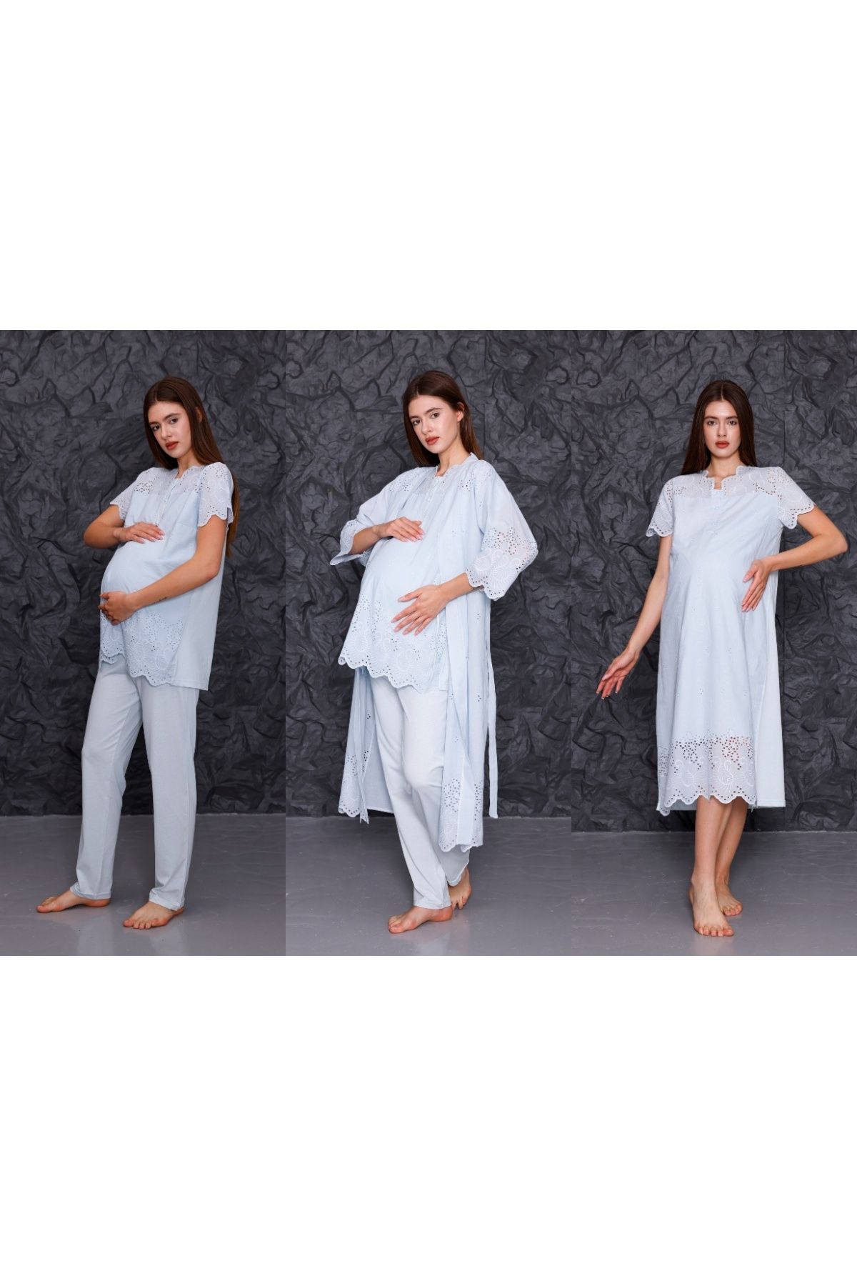 Yulem Homewear Mavi Fisto Keten Yazlık Lohusa Hamile Gecelik-Sabahlık, Pijama Takım 4'lü Set