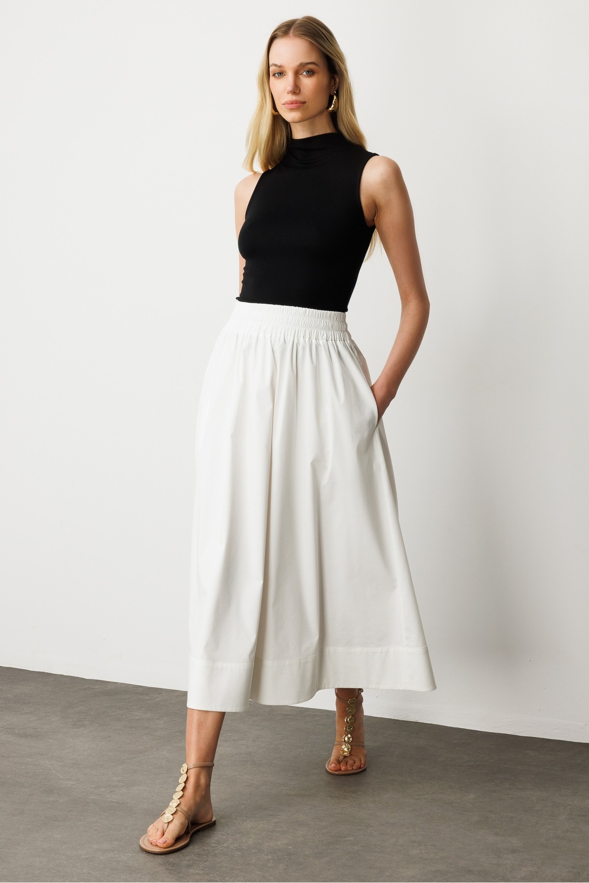 GLENDA  Beyaz Bel Lastikli Ve Cepli Astarlı Midi Etek - Görsel 2