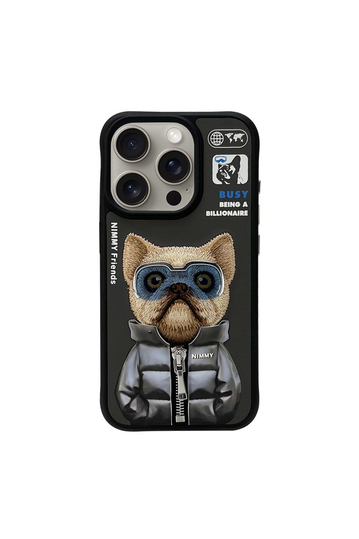 Nimmy iPhone 15 Pro Max Uyumlu 3D Gözlük Fermuar Köpek Detaylı Nakış İşlemeli Kabartmalı Cool Cute Kılıf