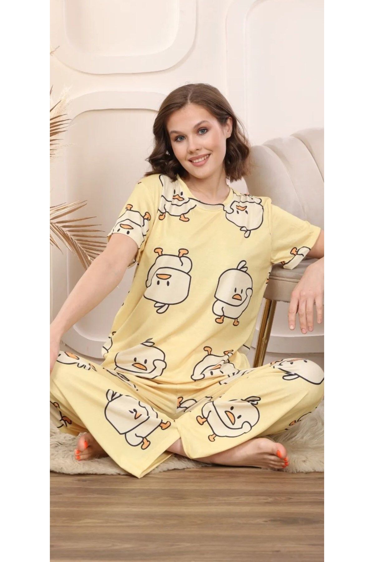 bie's Kadın Desenli Bisiklet Yaka Düğmesiz Bambu Yazlık Kısa Kol Pijama Takımı-Dar Kesim