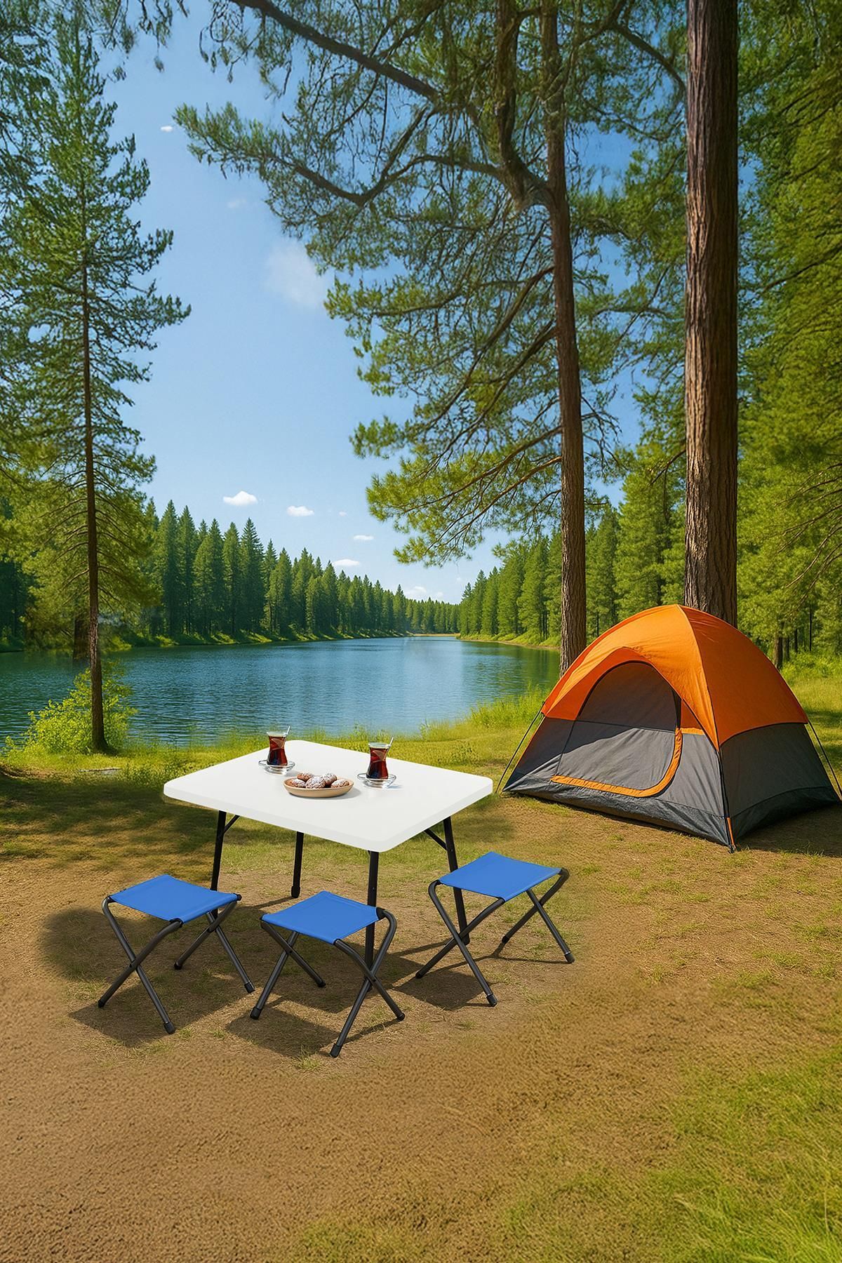 Exent 45X60 cm Kamp Sehpası + 3 Adet MAVİ Tabure Piknik, bahçe balkon sehpası Katlanır Sehpa-B-3M