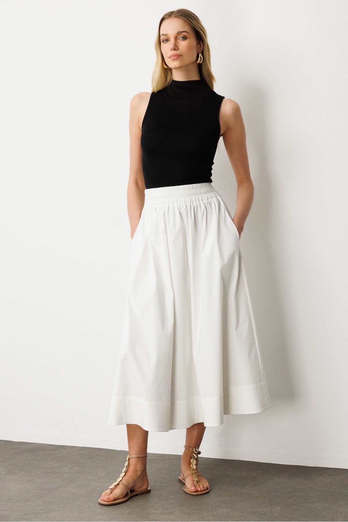 GLENDA  Beyaz Bel Lastikli Ve Cepli Astarlı Midi Etek - Görsel 4