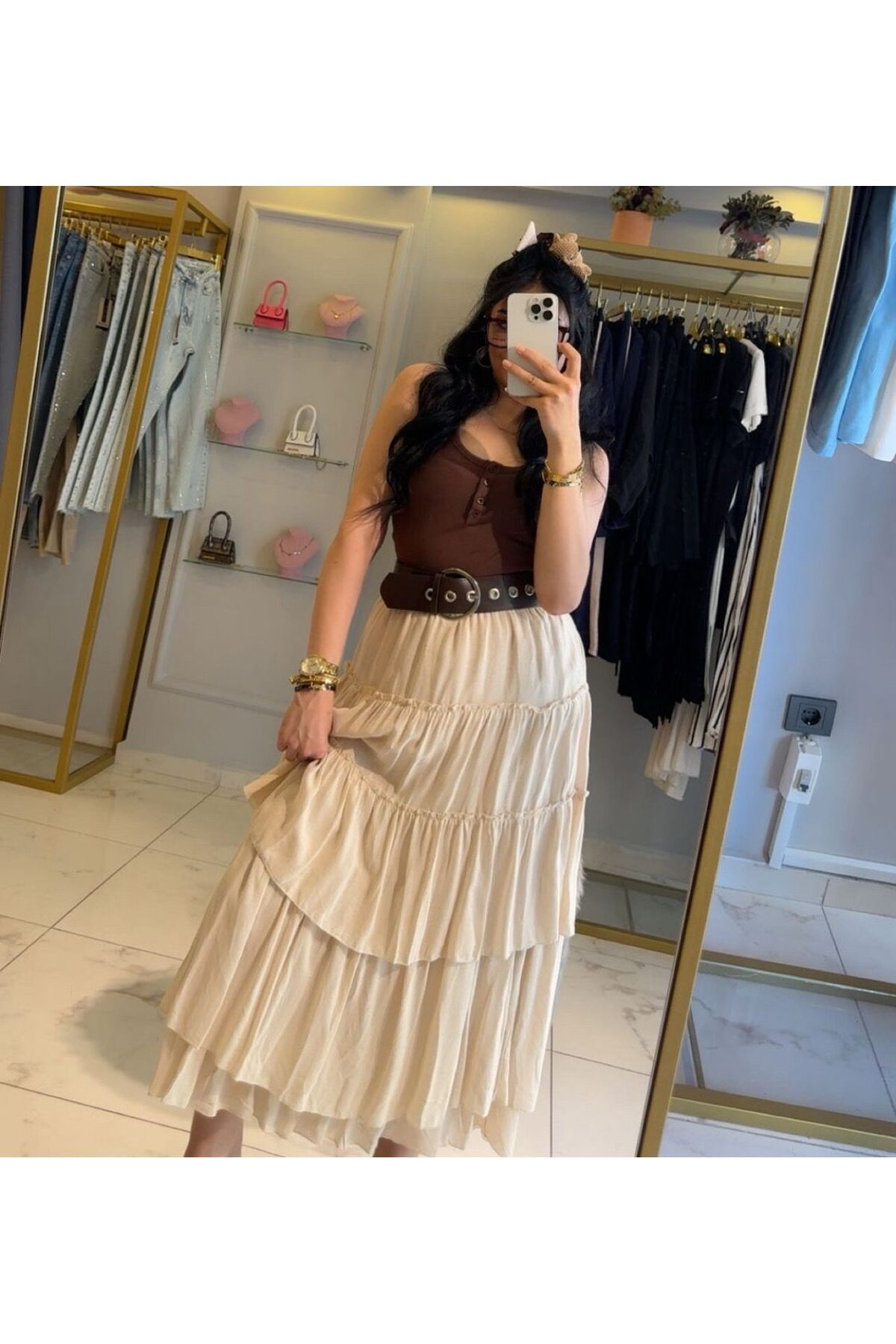 MODA KATLI BOHO VUAL TAŞ RENK ETEK