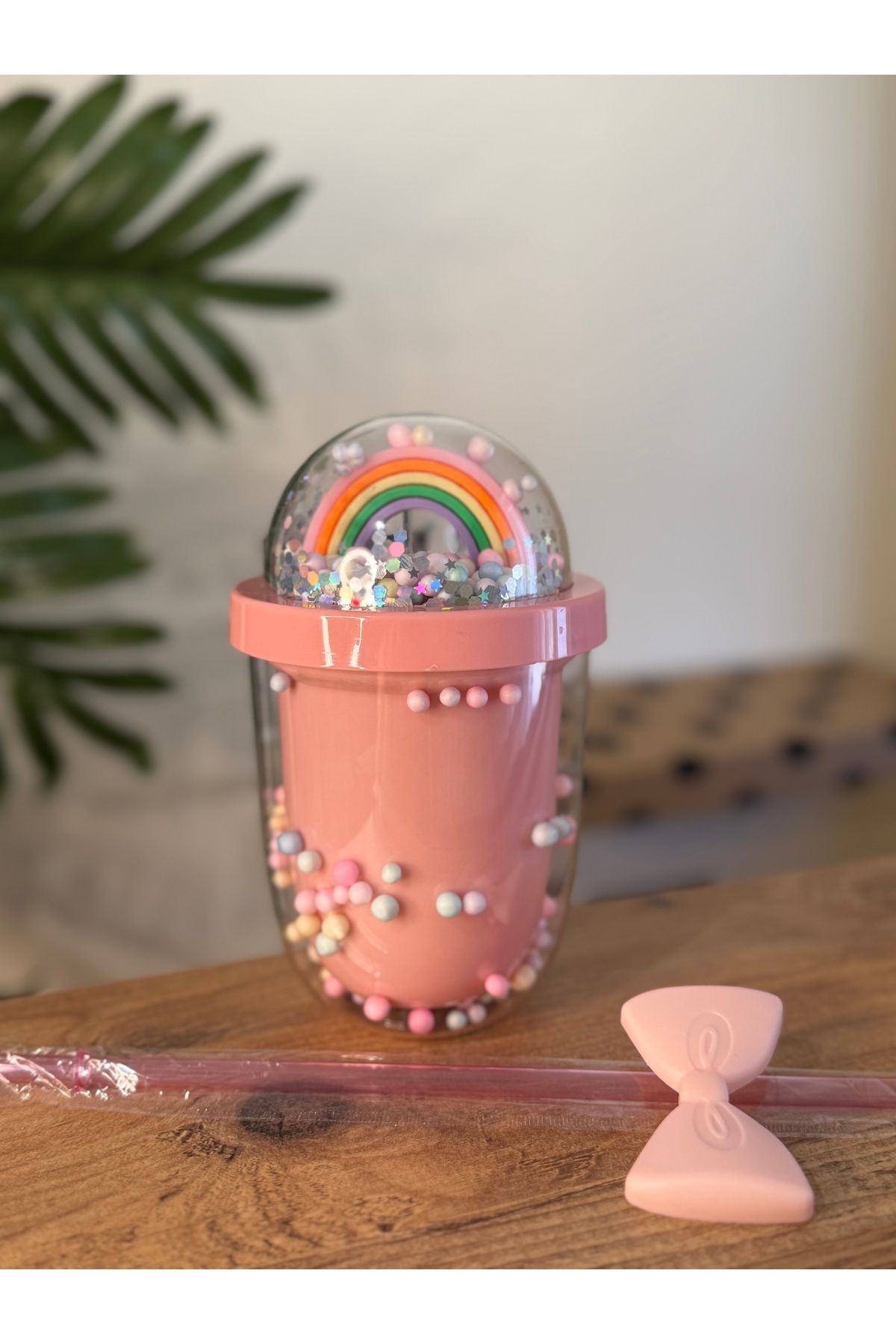 Homesinti Pembe Renk Gökkuşağı Figürlü Pipetli Suluk 500ml