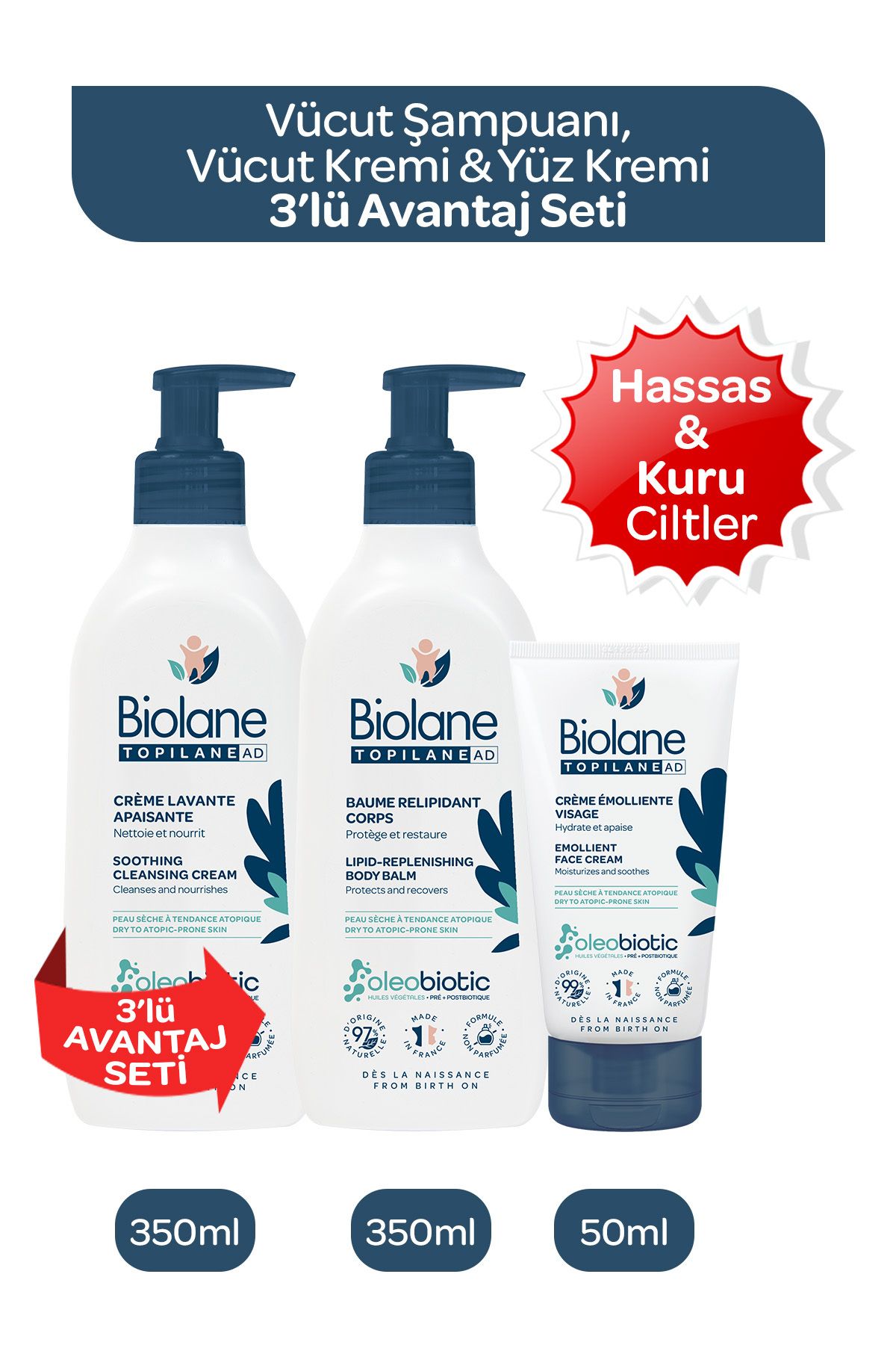 Biolane Hassas ve kuru ciltler için 3 lü SET ( Vücut Şampuanı + Vücut Kremi + Yüz Kremi)