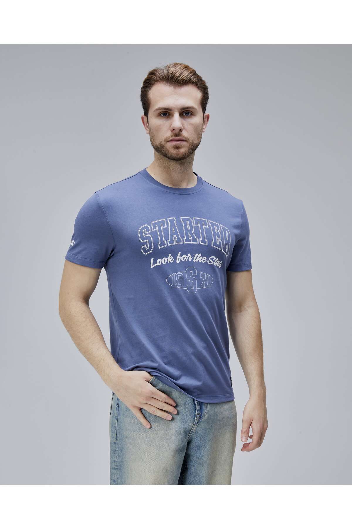 Starter BARNES Lacivert Bisiklet Yaka Baskılı Standard Fit Erkek Tshirt