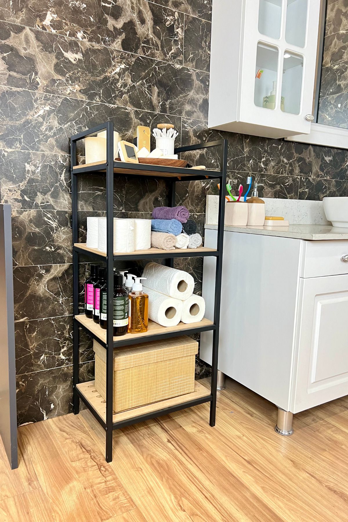 Milonsa 4 Katlı Banyo Düzenleyici Metal Ahşap Banyo Rafı | Çok Amaçlı Düzenleyici Organizer Modern Raf