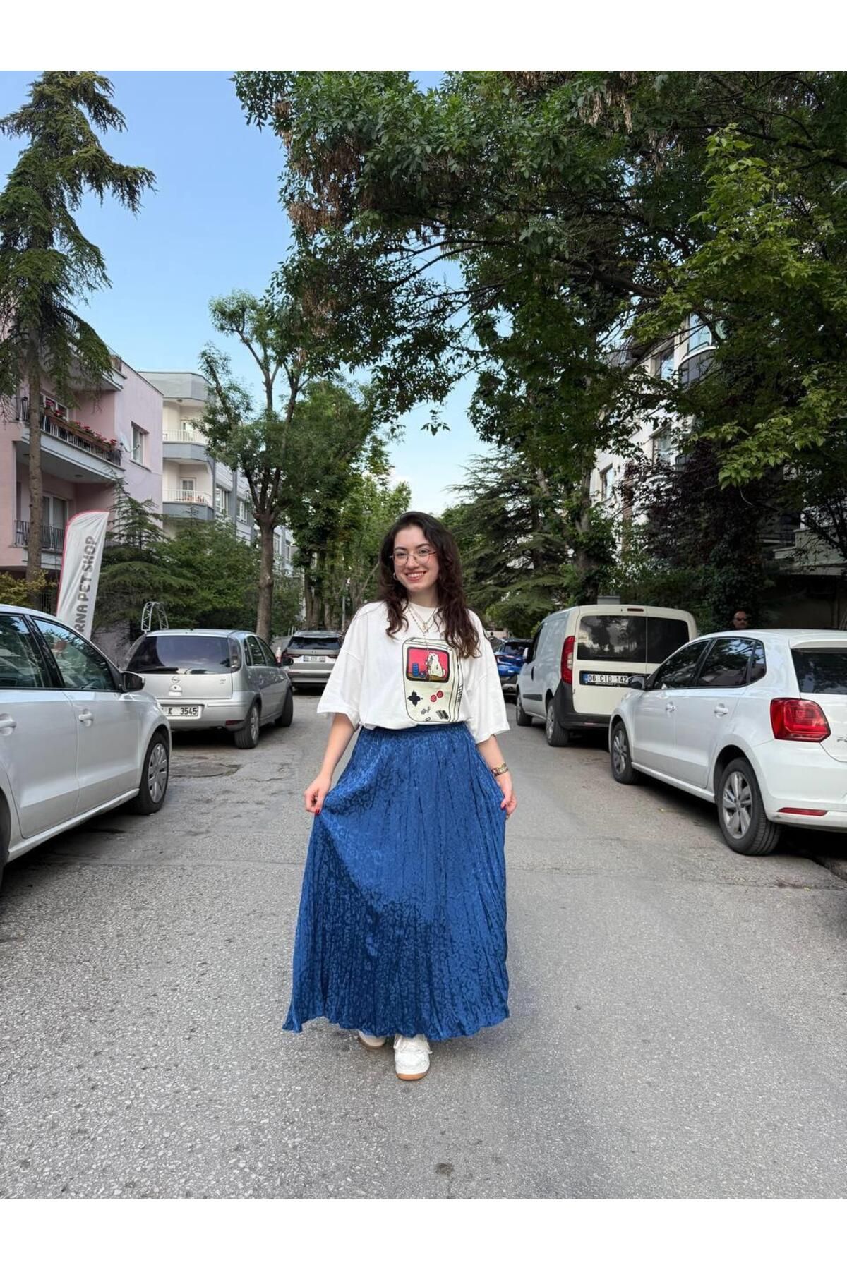 Betül Nayir Leopar Desen Saten Etek -Mavi