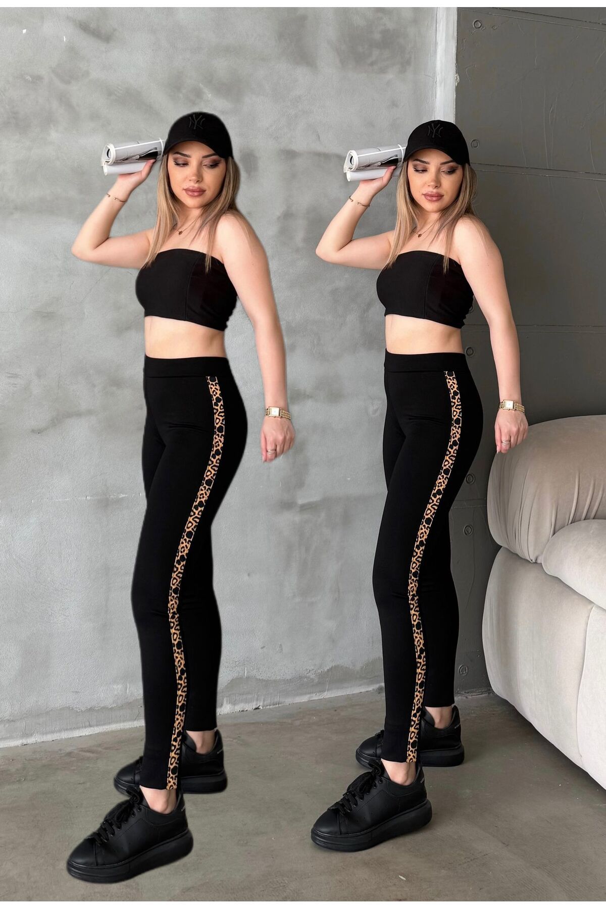 RPT MODA 2'Lİ SET ÖRME PAMUKLU KUMAŞ LEOPAR ŞERİTLİ YÜKSEK BEL TOPARLAYICI TAYT