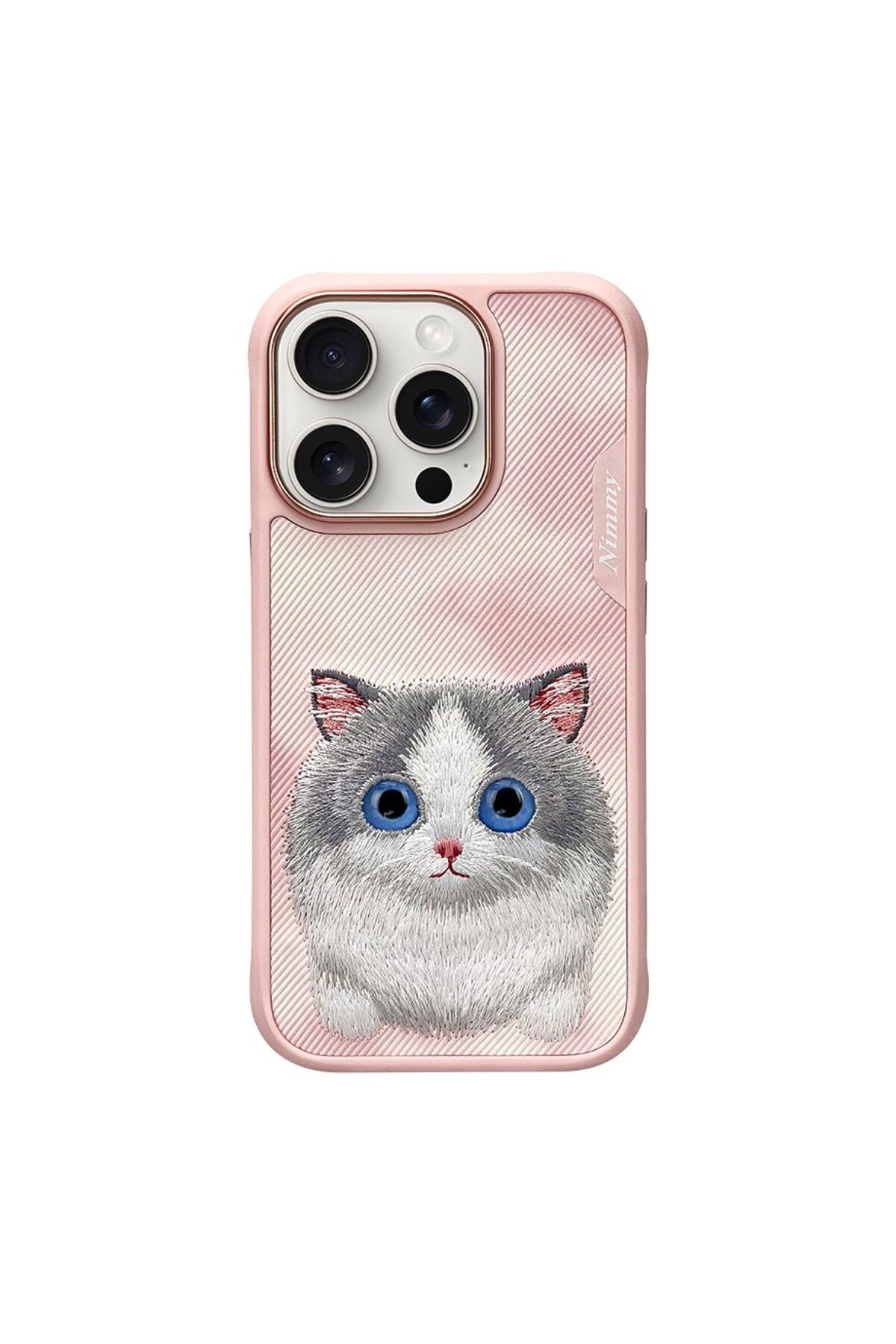 Nimmy iPhone 16 Pro Uyumlu 3D Göz Kedi Detaylı Gerçek Nakış İşlemeli Kabartmalı Big Eyes Kılıf