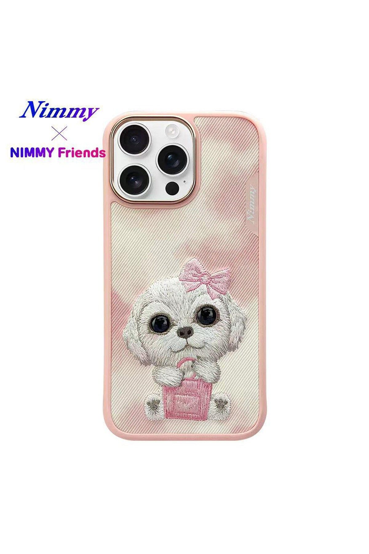 Nimmy iPhone 16 Pro Uyumlu 3D Göz Pembe Köpek Detaylı Gerçek Nakış İşlemeli Kabartmalı New Big Eyes Kılıf