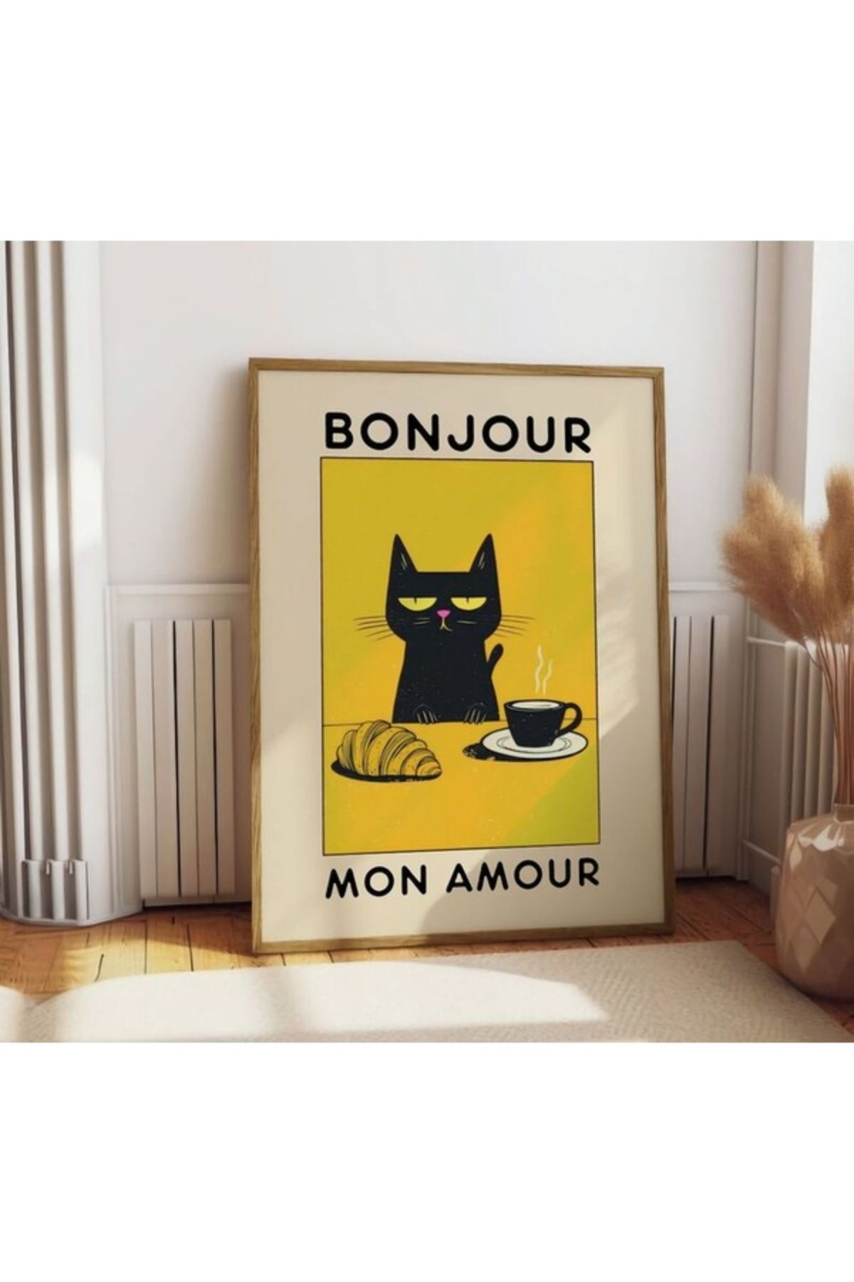 molisdesignco Bonjour Dekoratif Siyah Kedi Poster, Çerçevesiz Poster