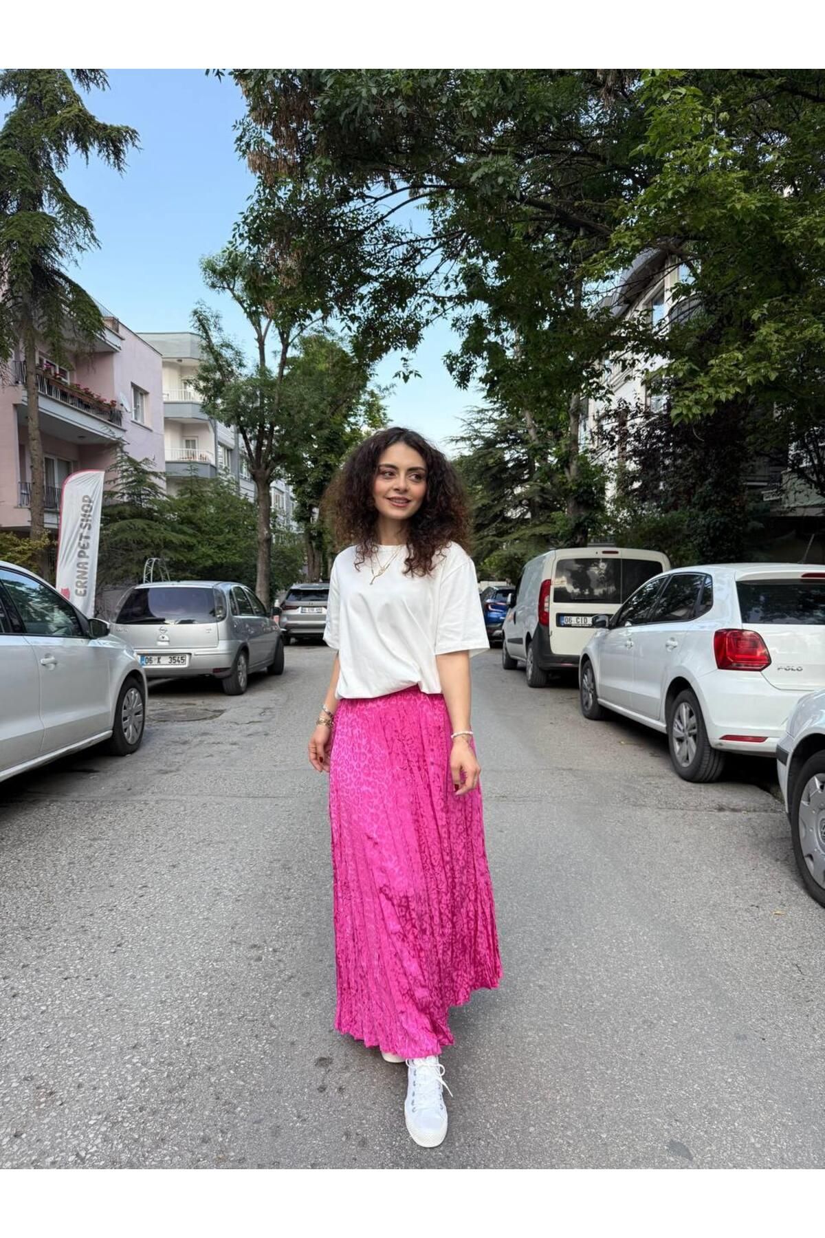 Betül Nayir Leopar Desen Saten Etek -Pembe