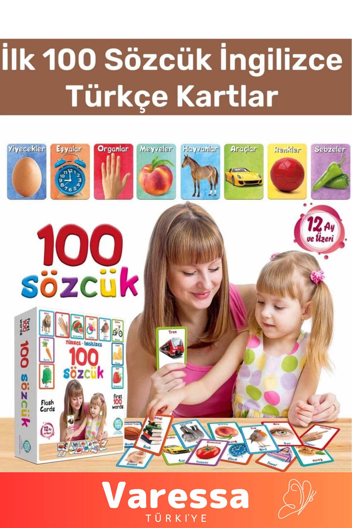 VARESSA Yeni Oyun Serisi Zeka Geliştirici Yabancı Dil Eğitici Çocuk İlk 100 Sözcük İngilizce Türkçe Kartlar