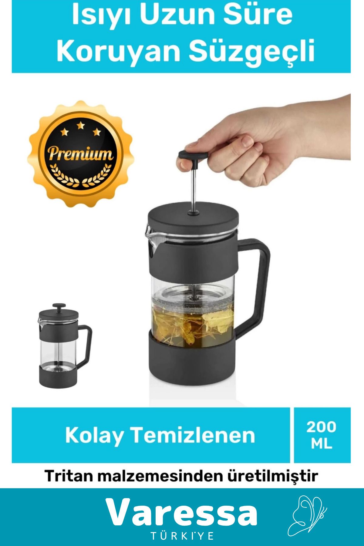 VARESSA Yeni Üretim Isıyı Uzun Süre Koruyan Süzgeçli Bitki Çayı Demliği Filtre Kahve French Press 200 ml