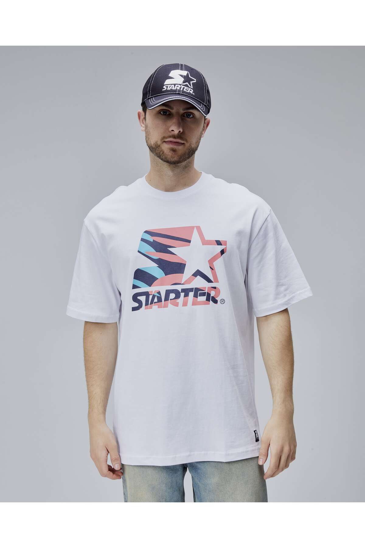 Starter BURNLEY Beyaz Bisiklet Yaka Baskılı Oversize Erkek Tshirt